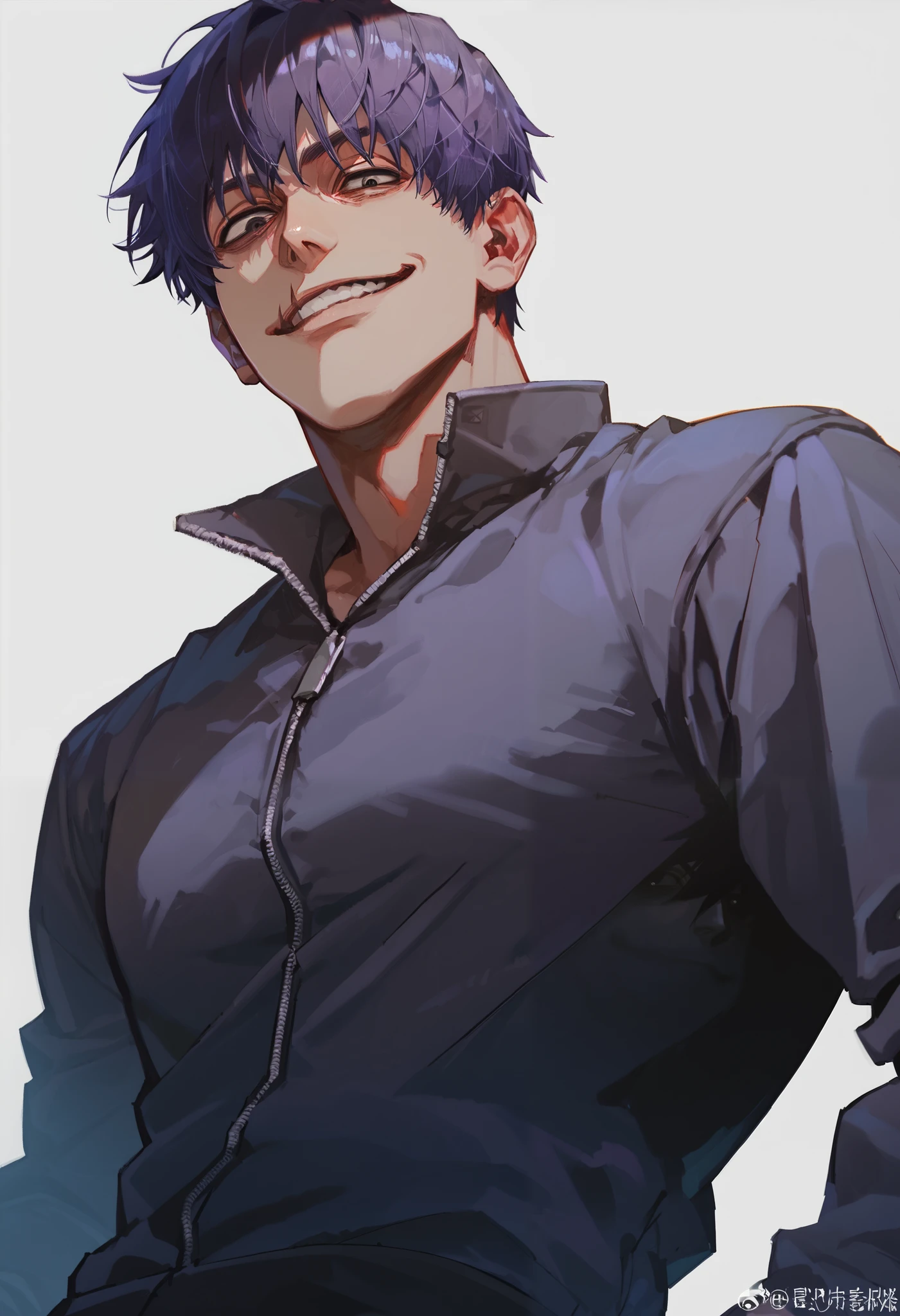 1man, solo, muscular male, looking at viewer, purple hair, short hair, bangs, keen eyes, black eyes, scars, smirk, cowboy shot angle, simple background, horror, scary