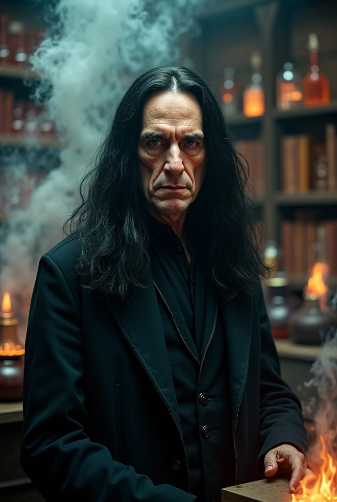 Photorealism realistic dark room table old scary male black appearance long hair holding glass of blood window low light effect