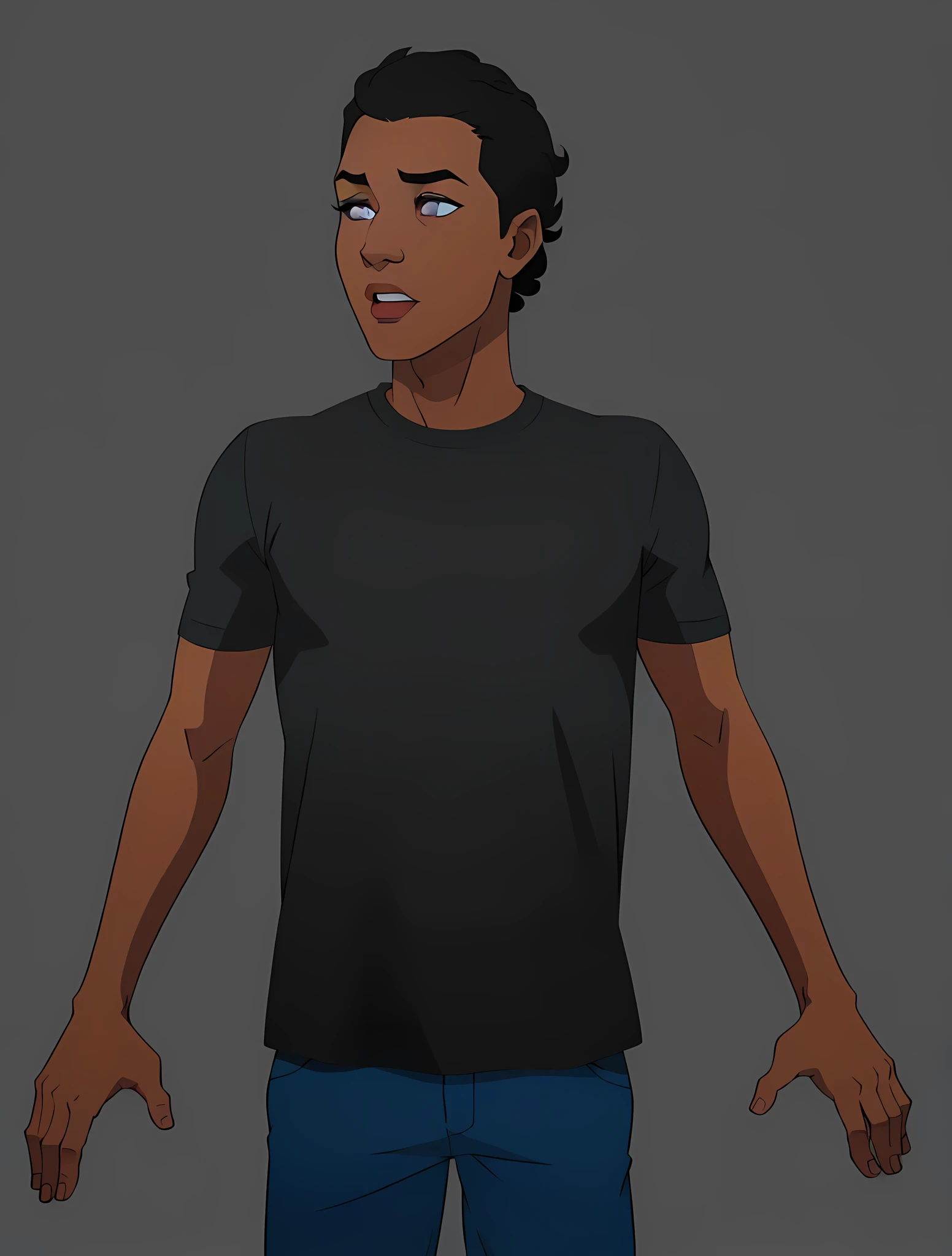 Bill-Blue
A black ager, black curly hair, wearing a black shirt, Blue eyes