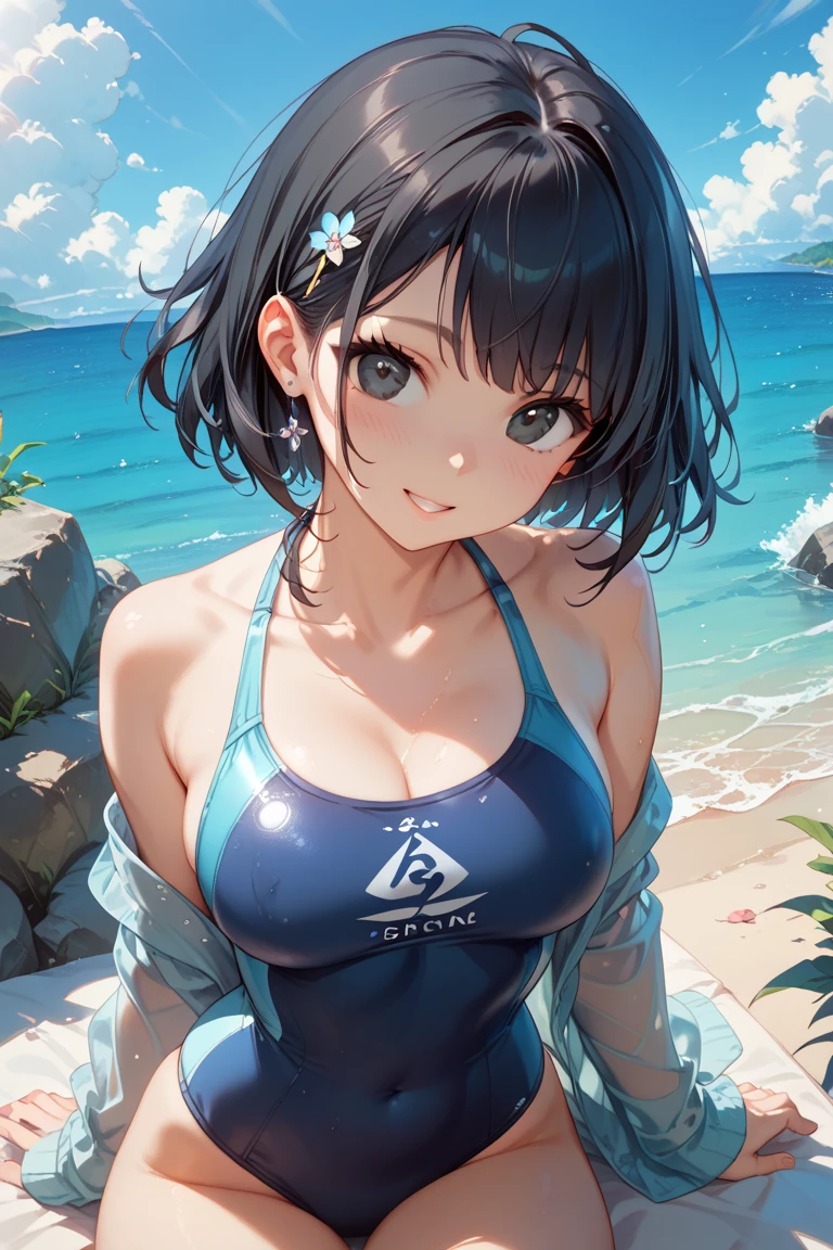Highest quality, Great quality, 16K, Unbelievably absurd, Very detailed, delicate and dynamic, Natural light, Particles reflect light, Diffuse reflection of light, Many rainbow-colored petals fall, Beautiful sandy beach, Shining Sun, Diffuse reflection of light, Create amazing image effects, , Wet, sweating, receive, close(Cute sexy girl, A large, swaying bust, Sensual expression, Cool girl, Severe, passion, dynamic, Flashy swimsuit, ,audience , much-air-laden cheer)