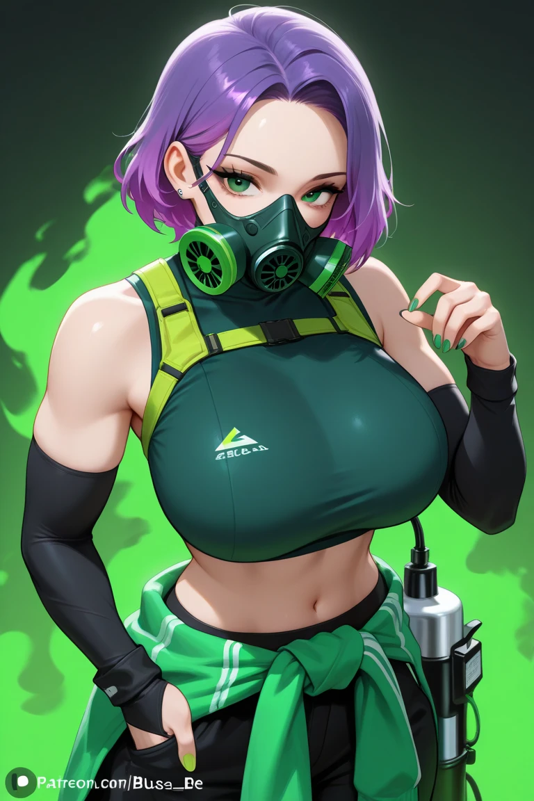 One young Korean woman with golden eyes and lush short blue hair and wearing glasess, wet bronze skin, huge chest, wearing a black uniform and rolled up sleeves, short skirt, leather gloves, a book, crop middle breast,stands in the middle of a office against the backdrop of city, not two characters,