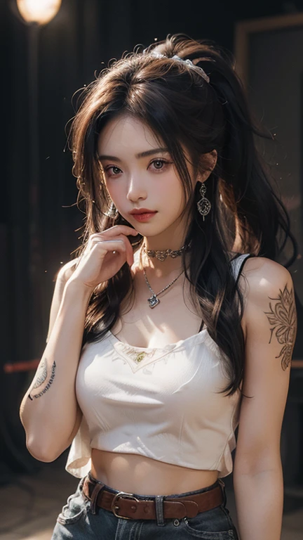 50 years old, gorgeous cute  Turkish girl, smirk, freckles, polaroid photo, (dark skin:1.3), (platinum brown hair:1.5), arafed image of a woman in a skirt and tank top, jinyoung shin, heonhwa choe, skull image on the vest, cruel korean goth girl, korean women's fashion model, seseon yoon, jaeyeon nam, sleeveless, iu lee ji-eun as a super villain, sun yunjoo, jiyun chae, bae suzy, famous beautiful model, good young girl, (masterpiece:1.0),(best_quality:1.0), ultra high res,4K,ultra-detailed, photography, 8K, HDR, highres, absurdres:1.2, Kodak portra 400, blurry background, bokeh, lens flare, (vibrant_color:1.2),professional photograph, (the_tattoo:1.4), (beautiful_face:1.5),(narrow_waist). --v 6