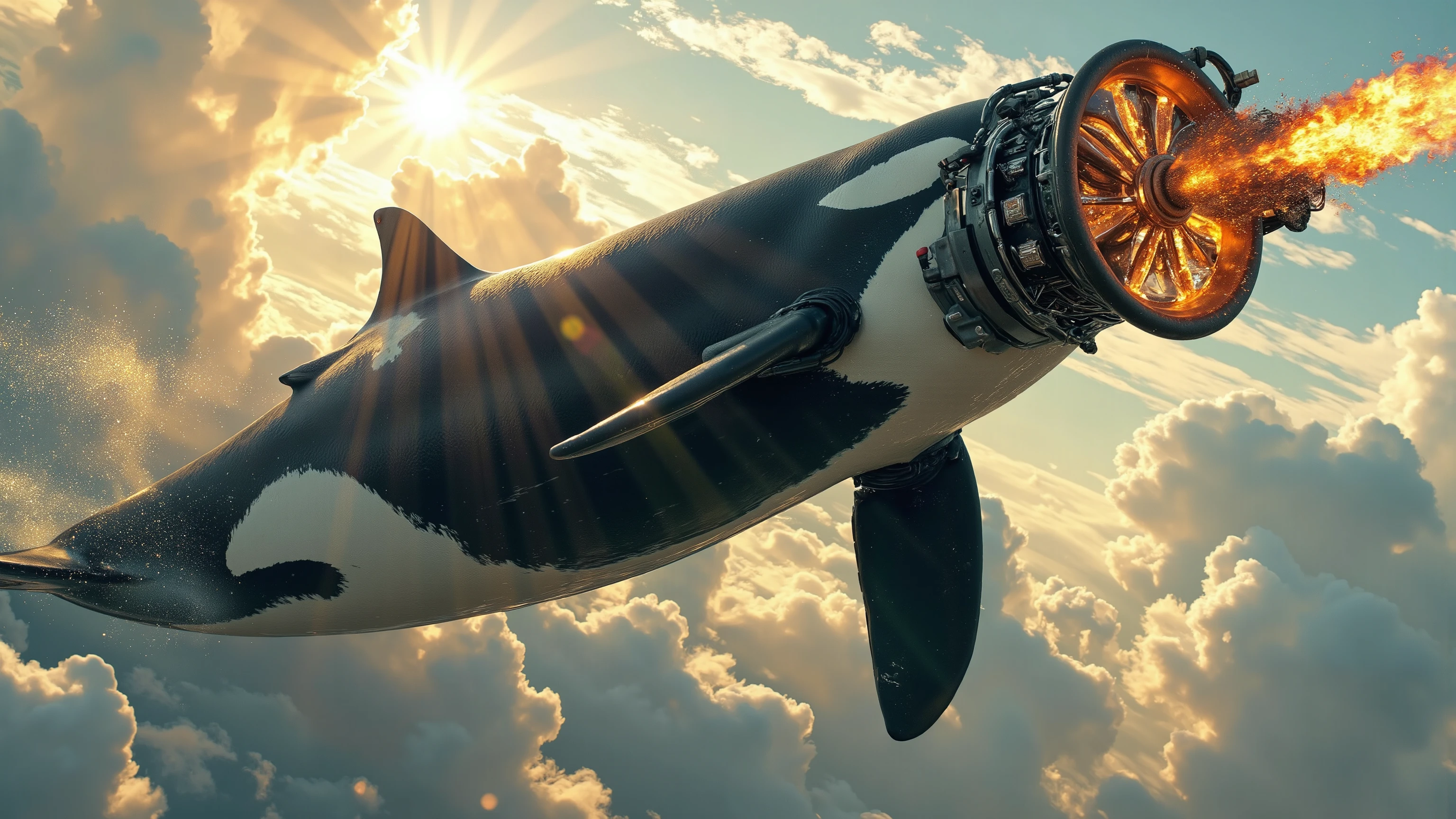 A majestic orca whale soars into the sky, its nose ablaze with a massive rotary propeller engine spinning at lightning speed. The blades whirring furiously, they blur together as flames and black smoke billow forth from the fin, eerily resembling an exhaust pipe doing a burnout on asphalt. Rays of sunlight refract through the atmosphere, casting a dramatic glow on this photorealistic masterpiece, worthy of an award-winning cinematic shot.