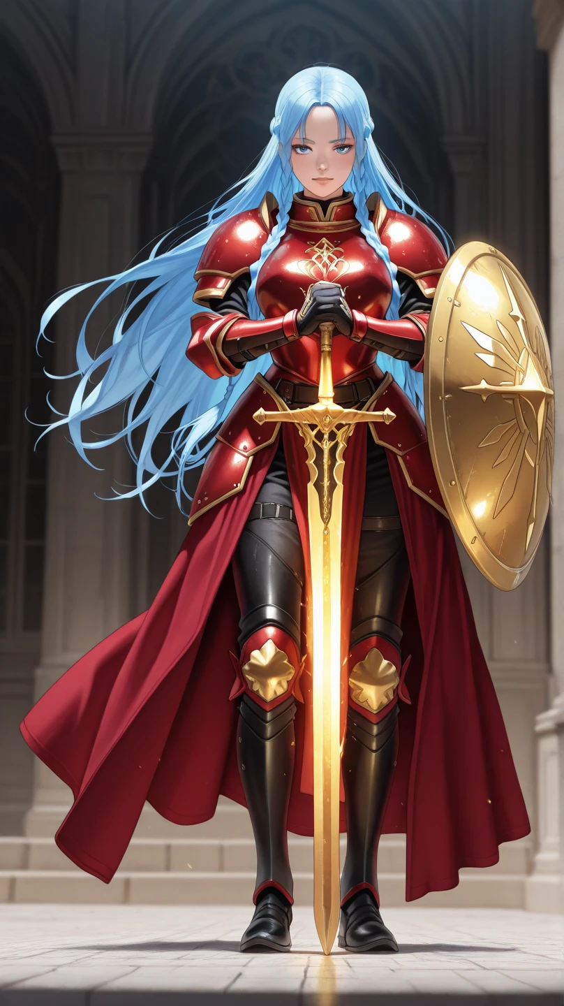 (urushisato:1.2),anime,The shiny floating long-haired princess wears a crown, is sexy and mature, has a firm expression, shiny skin, wears shiny black tights inside,((teenage)), (( shiny breastplate)), and shiny red armor with gorgeous ruby, sapphire, and emerald decoration outside, standing on the grass, sword, shield, and flag,small brest,best quality, big eyes,Long eyelashes,cowboy shot,inpainting, <lora:urushi_satoV7:1>