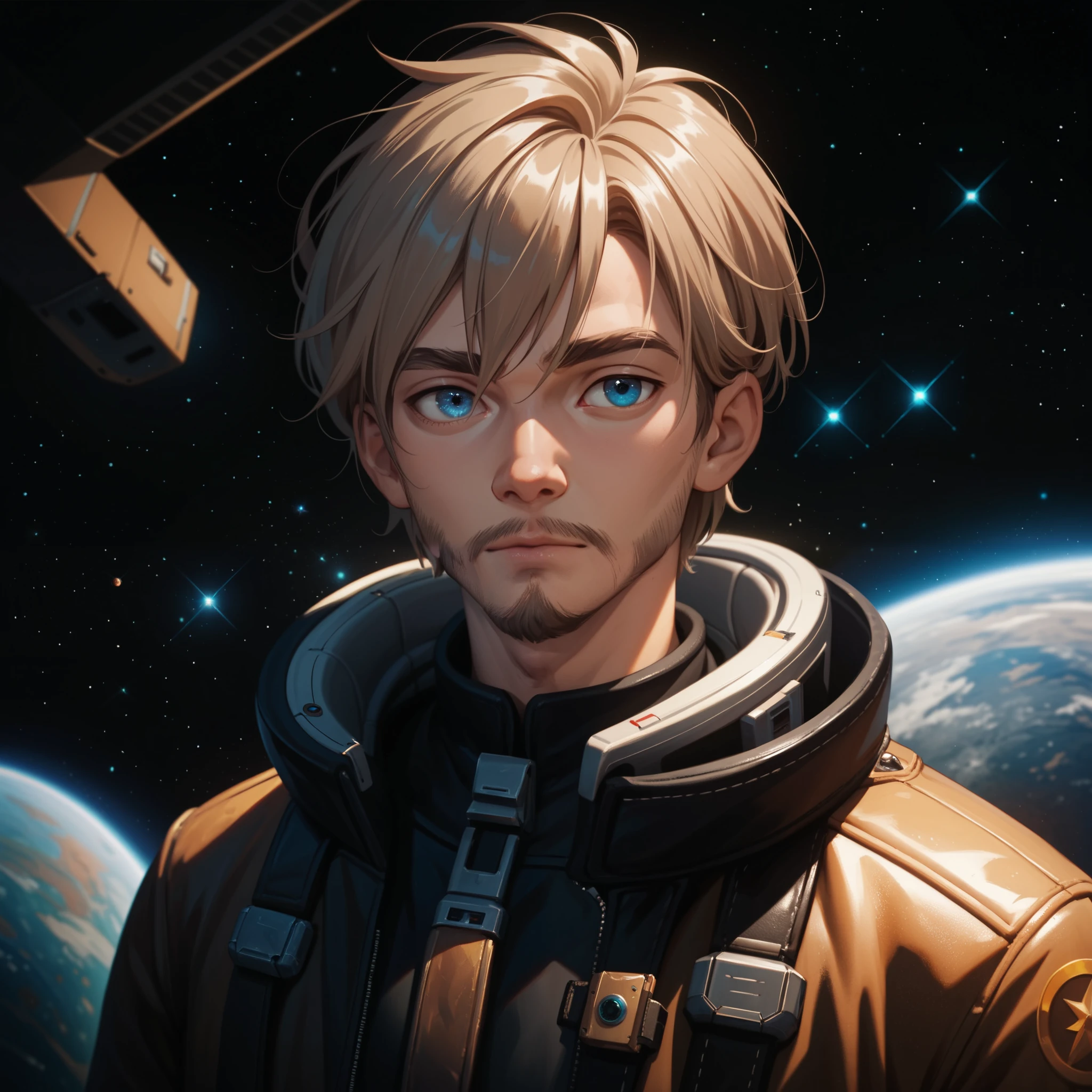 portrait, 1man, young, light brown hair, blue eyes, medium-short hair, masterpiece, best quality, space, sci-fi, leather jacket, very soft beard