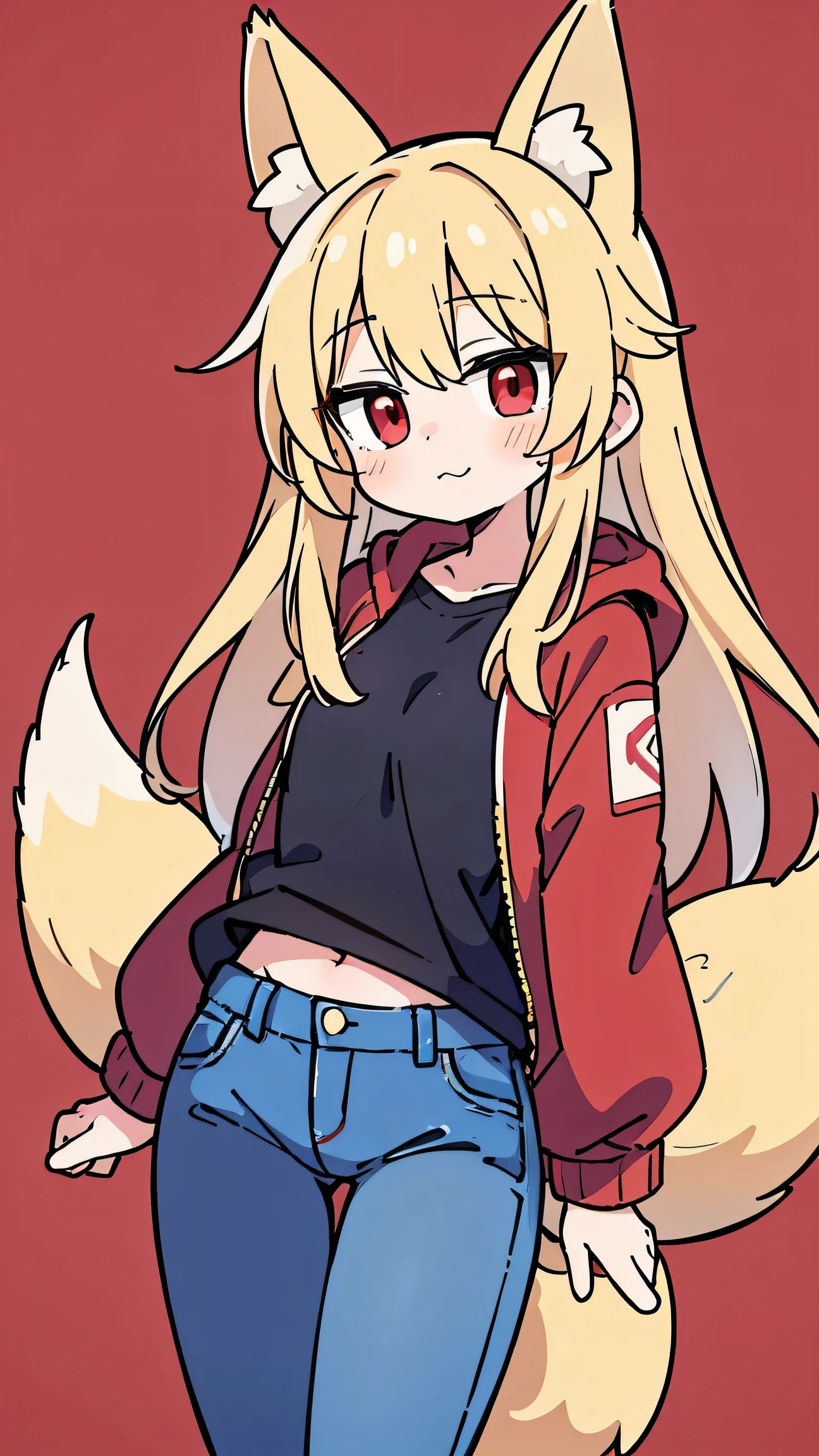 anime style、 cute face、 woman、 fox ears、Gold Hair、tail、 red eyes、red jacket、jeans、simple background