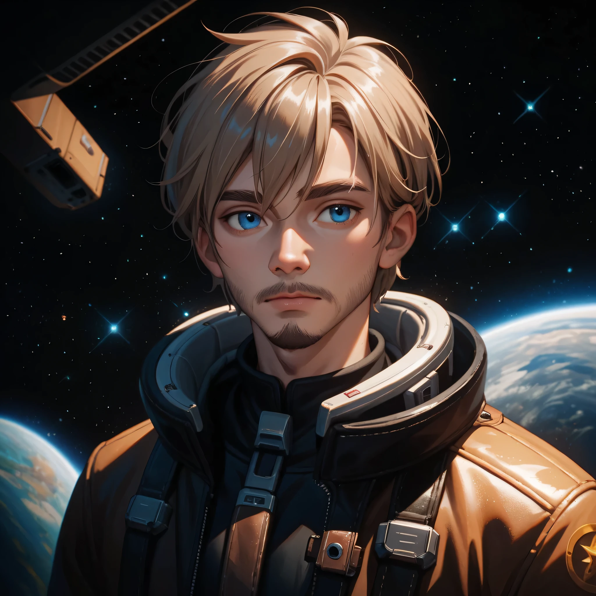 portrait, 1man, young, light brown hair, blue eyes, medium-short hair, masterpiece, best quality, space, sci-fi, leather jacket, very soft beard