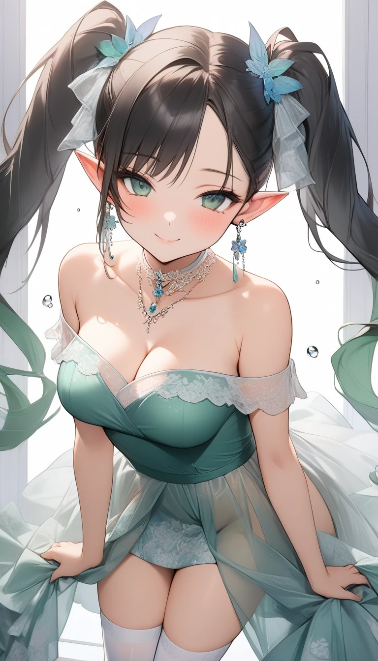 realistic image, detailed image, coherent image, 1 beautiful elf, she has very long hair, black hair, turquoise eyes, smiling, She is wearing a dress, showing her legs, She has a curvy body, medium breasts and thick thighs , She is sitting, posing sensually, arching her back, sprouting breasts, full body view, view from above, flower petals falling around, background surrounded by flowers, Soft focus, Dramatic shadows, Volumetric lighting, natural lighting, illumination artificial, white background, soft background,bzyyzg \(manaka nemu\)
