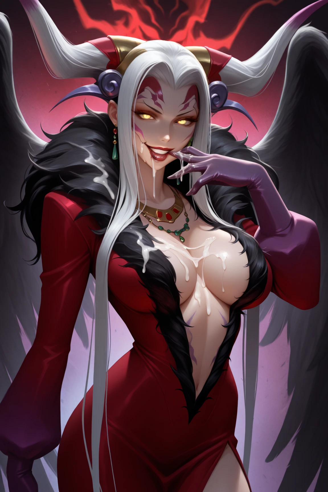 8K、Gorgeous White shirt,A bewitching succubus wearing a red and silver jacket.,so beautiful(Like the real thing)、gorgeous red and black pants,Women of Araphedo、Beautiful wavy silver hair、big breasts、5d cgi anime Fantasy artwork、Fan Art Mayo Art Station、Digital fantasy art)、Big blow Loss Draw、Spectacular fantasy art style、Beautiful Succubus、charm、Beautiful fangs、Looking at the audience、Captivating Gaze、masterpiece,masterpiece,Photorealistic RAW photos of the highest quality。Bright colors,Rich colors, Backlight, Cinema Lighting, Film Grain, 50MM lens, Nikon D850,Realistic Skin,Fantasy art,Character Art,Ultra-high resolution,Realistic scale skins,Goddess of Evil,Horns of the Evil God,A muscular and slender macho man,Golden Eyes(Golden Glitter Effect),My abdominal muscles are severely torn(超Realistic Skin),smile,White shirt,Red and silver jacket,Sandy Beach,
