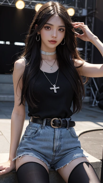 sex girl,Black Cloth, short jeans, necklace white cross, black long hair