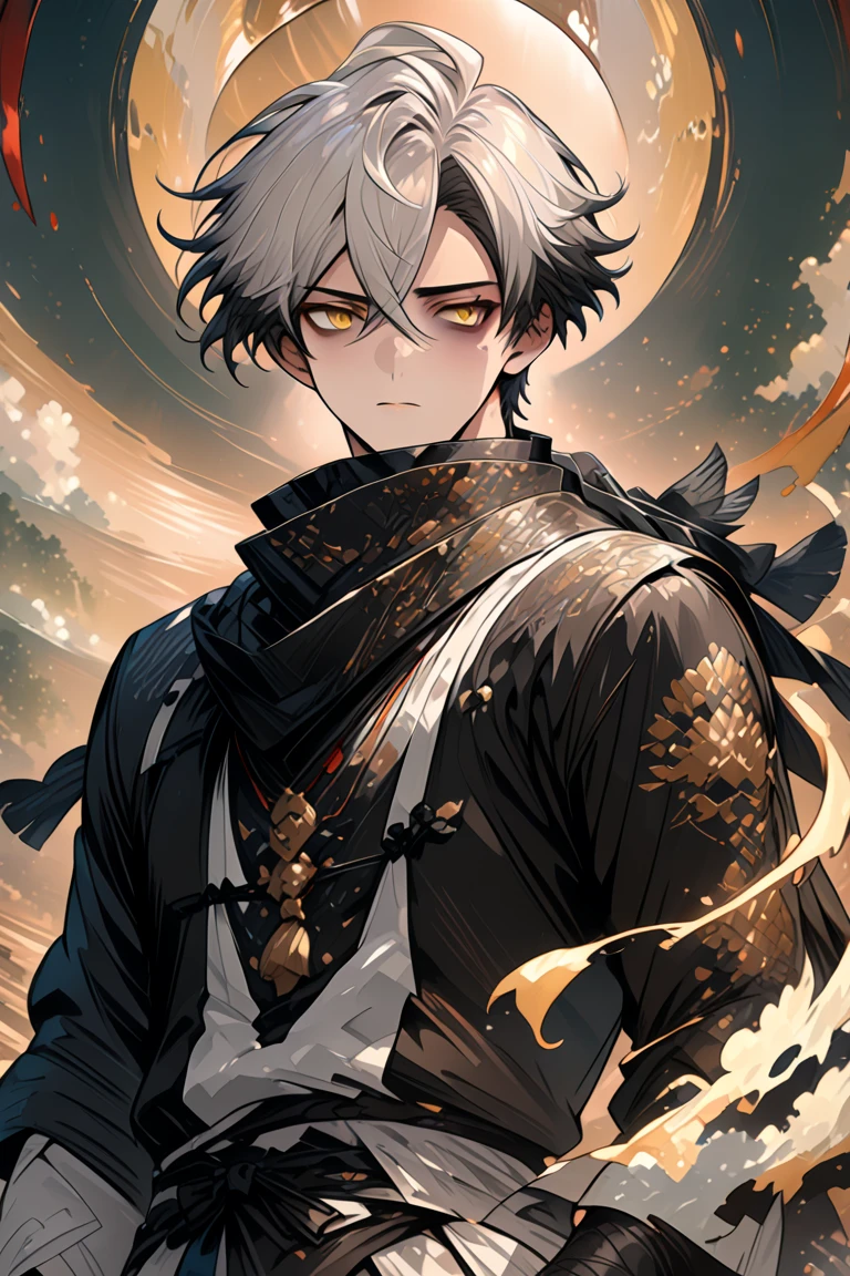 Male, young teen, white hair, yukata, short, Eastern temple background, villain suit, hooded, mask, Golden Eyes.
