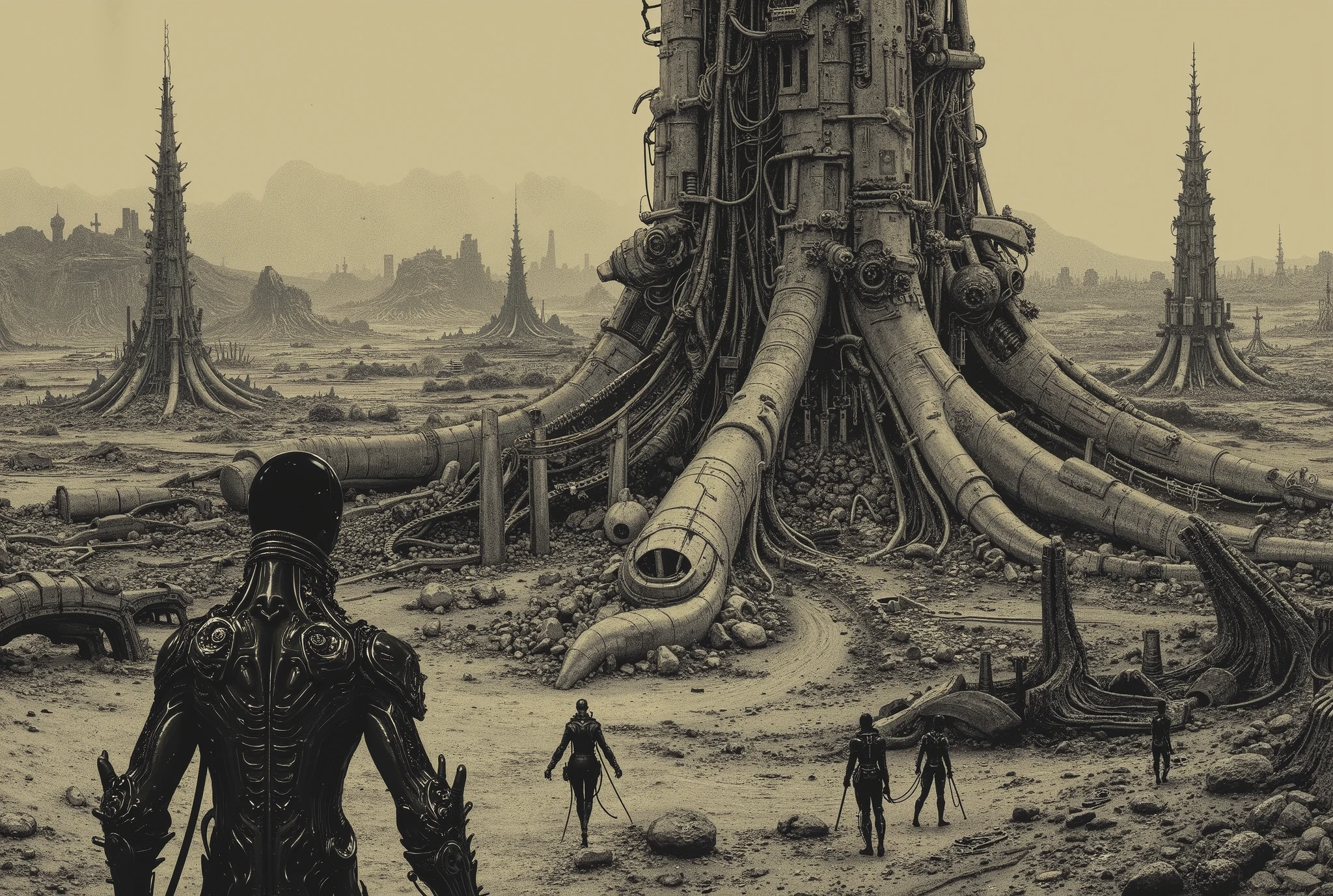 Highly detailed cyberpunk dystopia, vast megastructures towering over a desolate wasteland, intricate biomechanical designs fusing flesh and machine, stark black-and-white contrast with heavy ink shading, minimalistic characters in sleek armored suits, dynamic action poses with jagged lines, oppressive atmosphere of scale and decay, sprawling industrial ruins, sparse negative space, gritty textures, surreal and alien geometry, inspired by dark sci-fi manga aesthetics