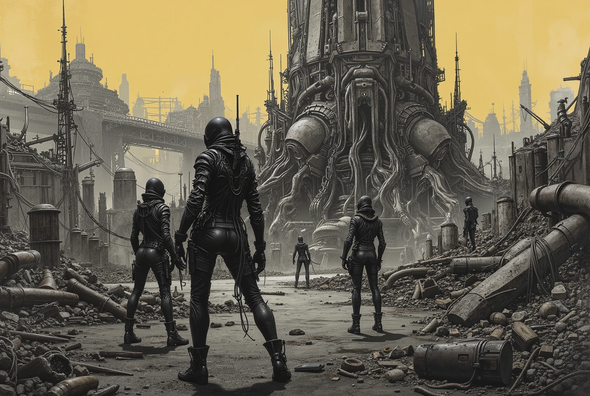 Highly detailed cyberpunk dystopia, vast megastructures towering over a desolate wasteland, intricate biomechanical designs fusing flesh and machine, stark black-and-white contrast with heavy ink shading, minimalistic characters in sleek armored suits, dynamic action poses with jagged lines, oppressive atmosphere of scale and decay, sprawling industrial ruins, sparse negative space, gritty textures, surreal and alien geometry, inspired by dark sci-fi manga aesthetics