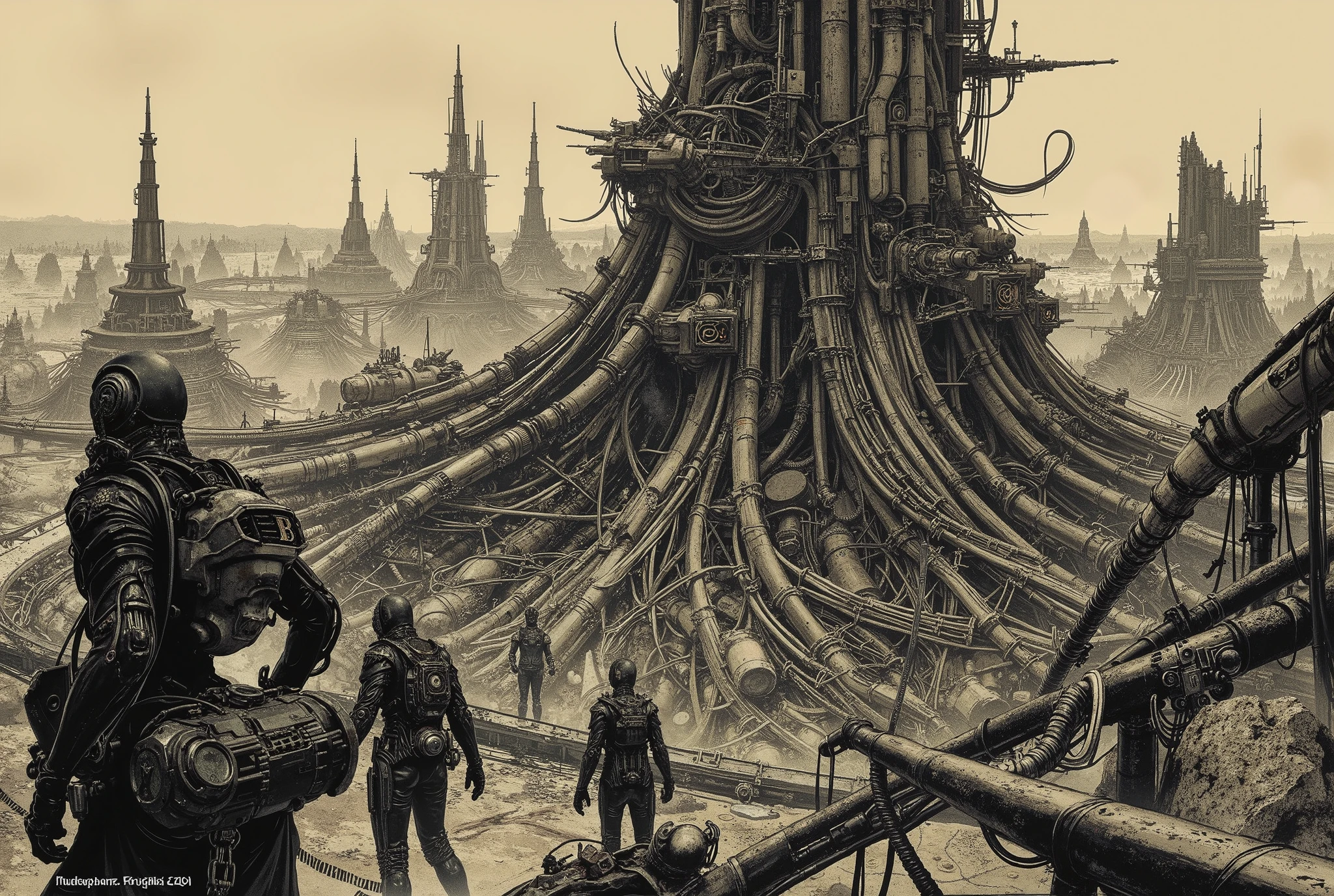 Highly detailed cyberpunk dystopia, vast megastructures towering over a desolate wasteland, intricate biomechanical designs fusing flesh and machine, stark black-and-white contrast with heavy ink shading, minimalistic characters in sleek armored suits, dynamic action poses with jagged lines, oppressive atmosphere of scale and decay, sprawling industrial ruins, sparse negative space, gritty textures, surreal and alien geometry, inspired by dark sci-fi manga aesthetics