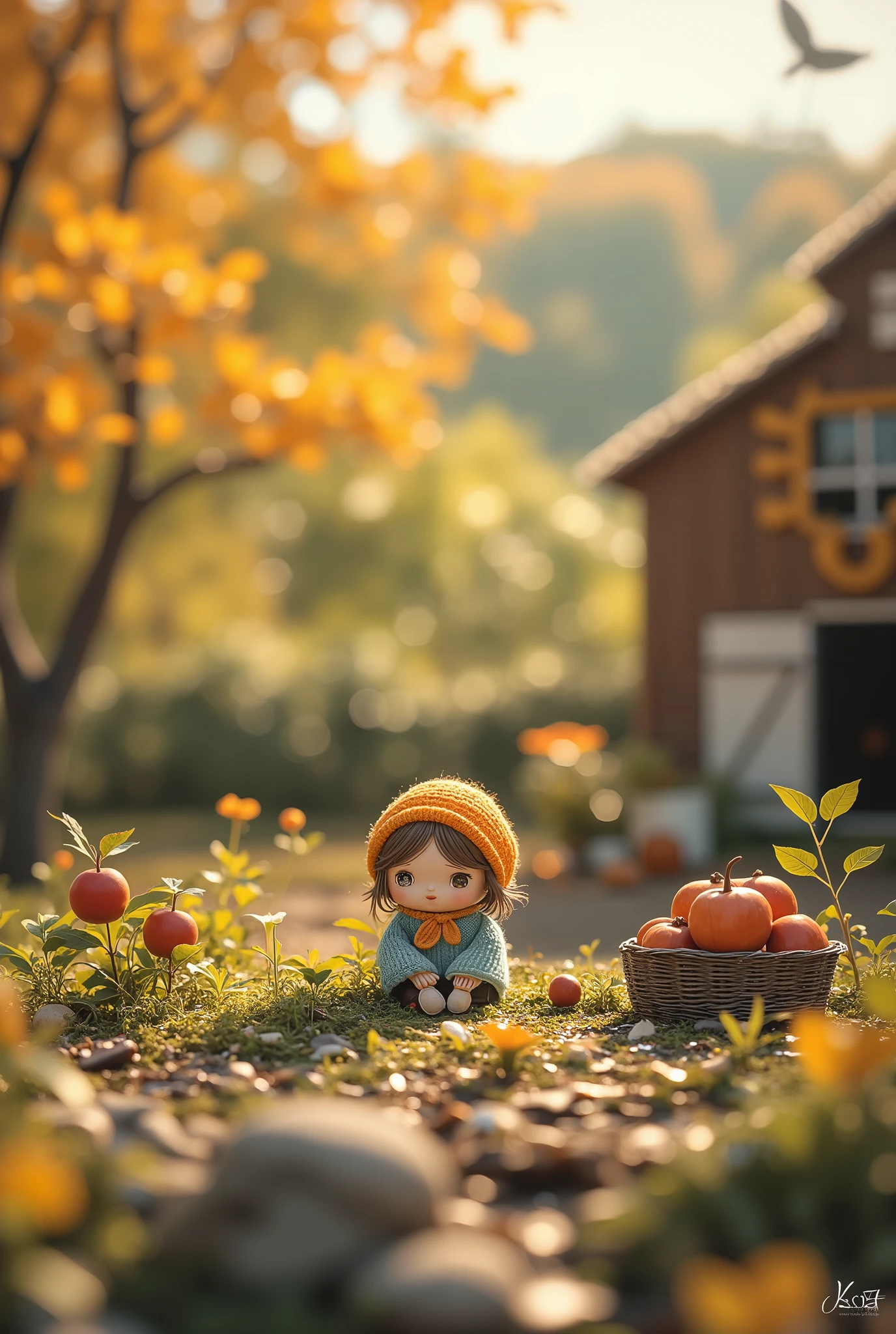 Miniature Landscape,Chinese Solar Terms、Autumnal Equinox、autumn、Fallen Leaves、Cozy sweater、golden sunshine、Fresh air、Harvest Festival、Shades of orange、Country Barn、scarecrow、Apple picking、Fresh dark green、Bright background、Clear background trend、Clear outline light、White space at top of frame、Flat illustration、close up,Miniature Landscape,Clay texture,Mini Figures