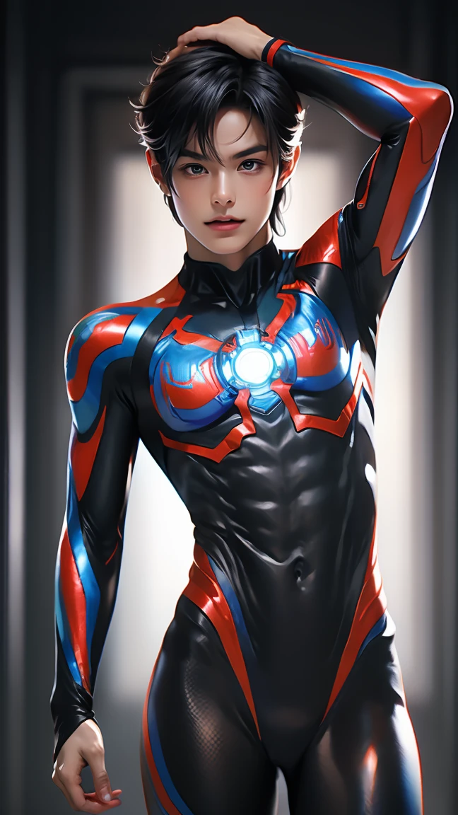Ultraman, realistic, realistic, movie lights, young man in shiny red and silver suit, 15 years old, professional photo, skin exposed, Japanese model, Japanese CGI, sexy Ultraman suit, Power Rangers set, tight thin cyber suit, with elastic all over, delicate body, small butt, muscle, abs, lewd mark, groin tattoo, thin waist, exposed belly cyber suit on both sides skin tight, slanted eyes, sharp gaze, ponytail hair, facing forward, standing facing forward, glowing sphere embedded in chest, essay exam, blue sky background, Young beautiful boy, young handsome boy, Ultraman Boy personification, Ultraman-colored latex, Ultraman-colored rubber bodysuit, Ultraman color suit, Ultraman body suit, muscles, abs, mask off Ultraman Boy, Ultraman Boy without mask, Ultraman Boy suit, Ultraman Boy cosplay, Ultraman Boy costume, 15 year old boy's body, Ultraman Boy with face exposed, Ultraman without mask Boy, Ultraman without mask, medium-length hair, ponytail hair, color timer on chest, energy drain on chest, Ultraman Boy, boy's face, young boy with long hair, Ultraman Boy cosplayer, exposed face, 13 to 15 years old Boy, young boy's face, high definition, highest quality, best masterpiece, highest clarity, highest resolution, 8K, 16K, 32K, CG art, highest detail, Full body shot, full body view, Belly-baring Ultraman-colored bodysuit, belly-baring Ultraman-colored bodysuit, revealing bodysuit, lewd mark, crotch tattoo, abdominal muscle openwork bodysuit, abdominal muscle visible bodysuit,
