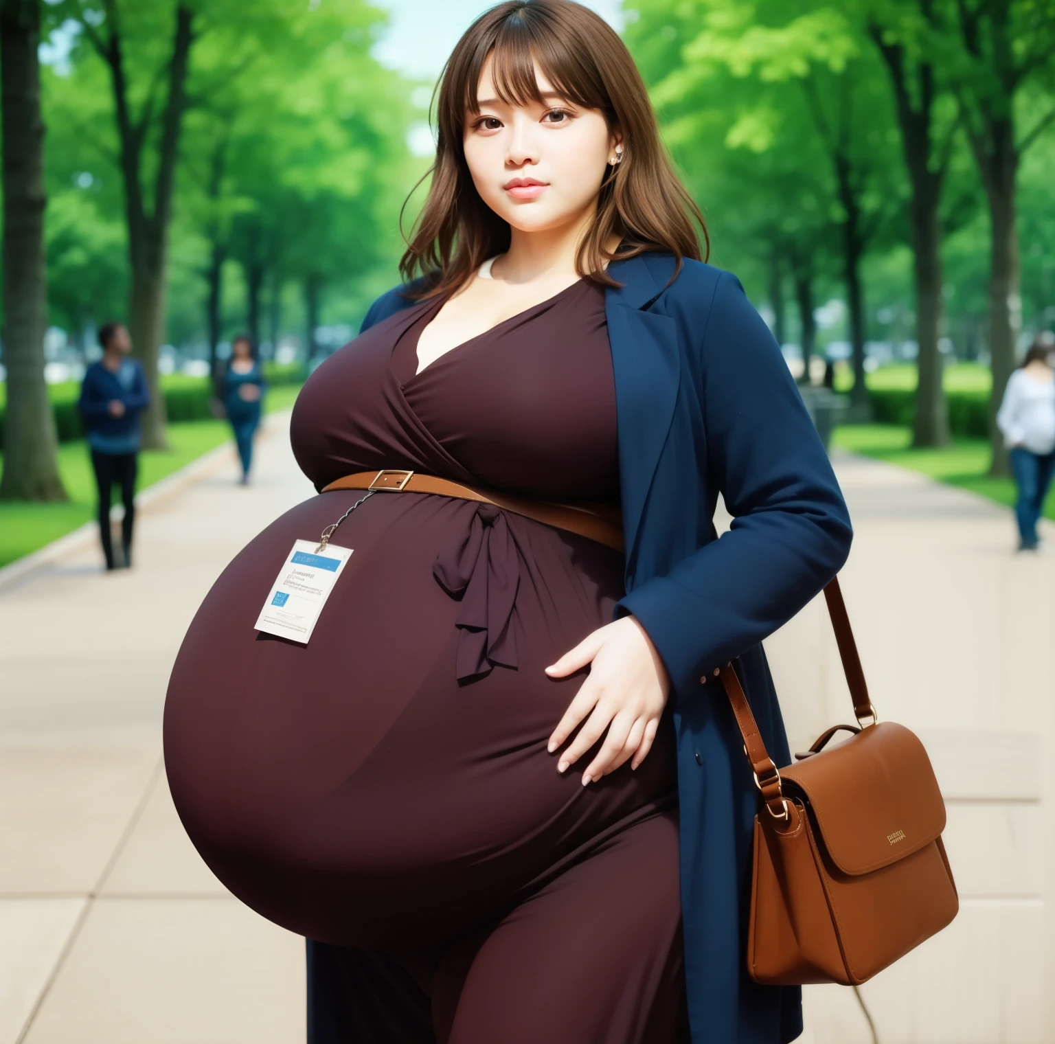 A woman in a suit walking down the street, giantess art, She has a wobbly chubby round belly, her belly is fat and round, bloated, Walk to work, beer belly, Pregnant tummy, pregnant female robot, Buttocks swell crazily, female business-person, anya from spy x family, large size, (SFW) work insurance,disease