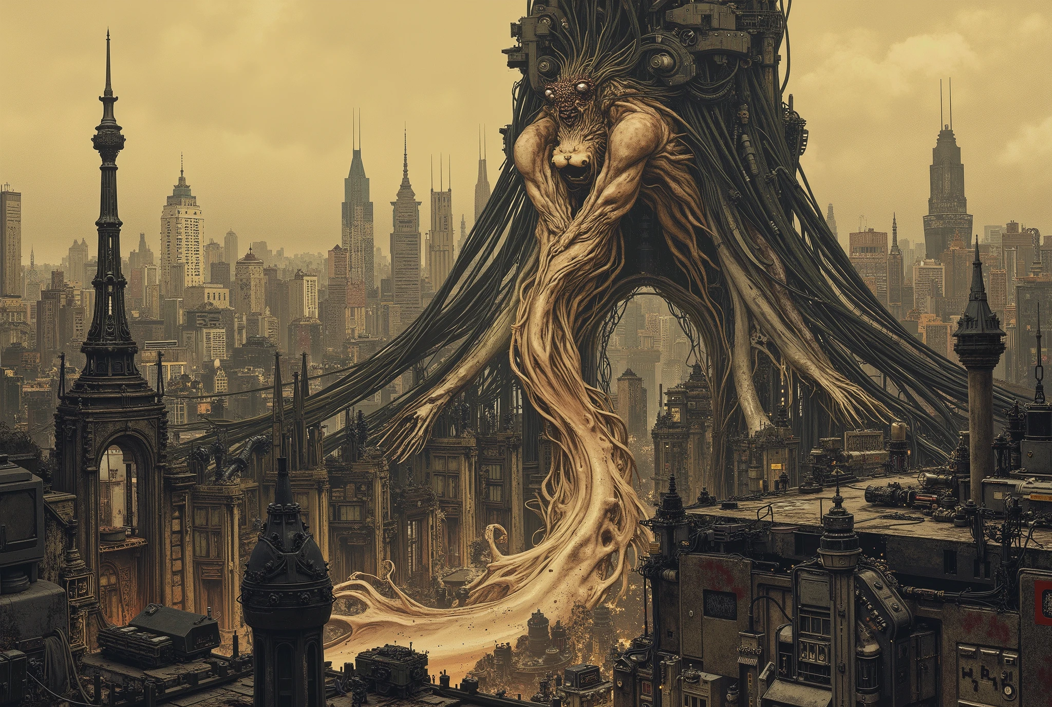 Cinematic anime illustration, hyper-detailed urban sprawl with realistic machinery, muted grayscale palette with subtle earthy tones, fluid organic-mechanic hybrid creatures, surreal and dreamlike distortions, intricate architectural backgrounds, soft shading with a lived-in texture, dynamic yet natural motion, melancholic and introspective mood, storyboard-like composition with dramatic perspectives, understated elegance, inspired by moody sci-fi animation