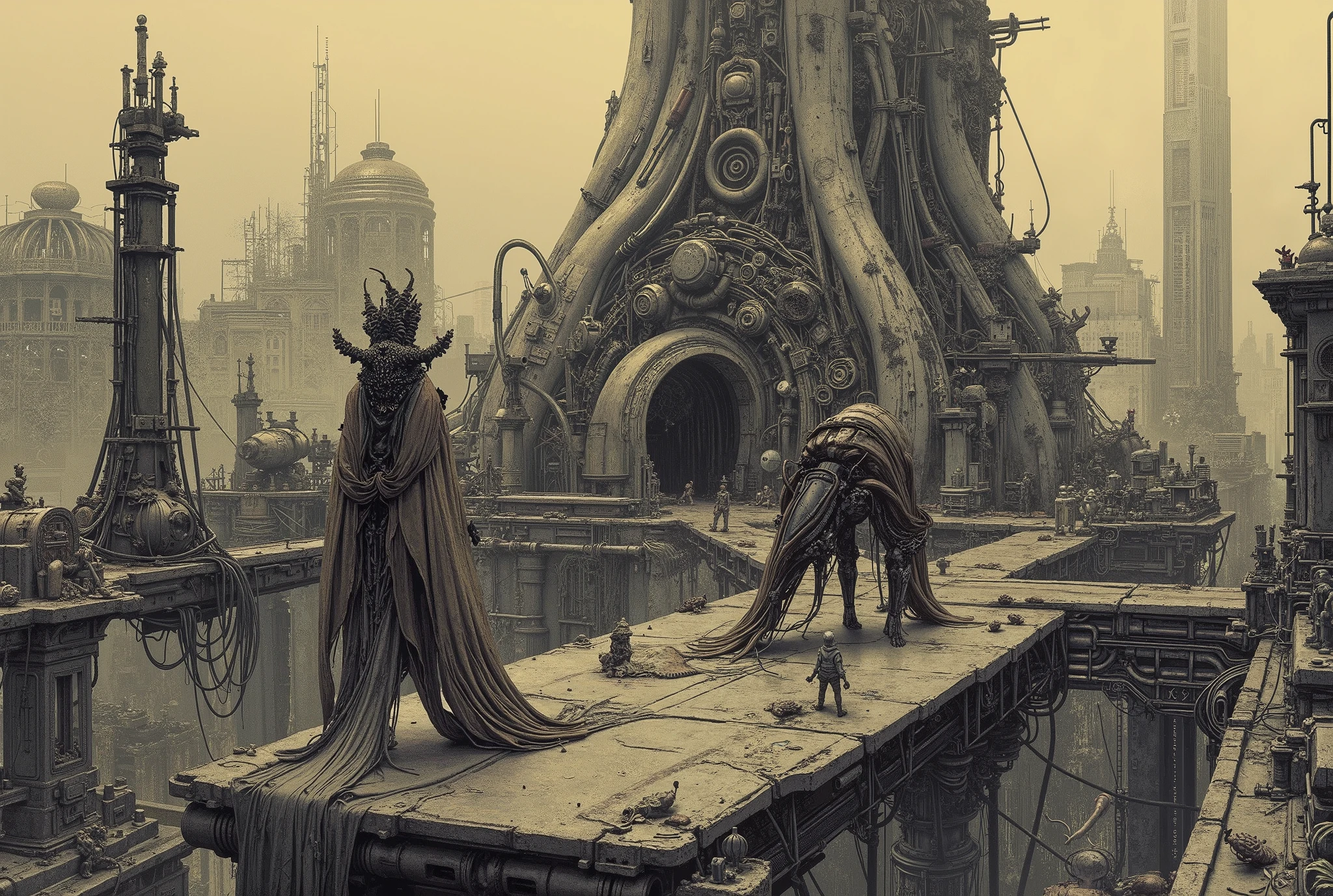 Cinematic anime illustration, hyper-detailed urban sprawl with realistic machinery, muted grayscale palette with subtle earthy tones, fluid organic-mechanic hybrid creatures, surreal and dreamlike distortions, intricate architectural backgrounds, soft shading with a lived-in texture, dynamic yet natural motion, melancholic and introspective mood, storyboard-like composition with dramatic perspectives, understated elegance, inspired by moody sci-fi animation