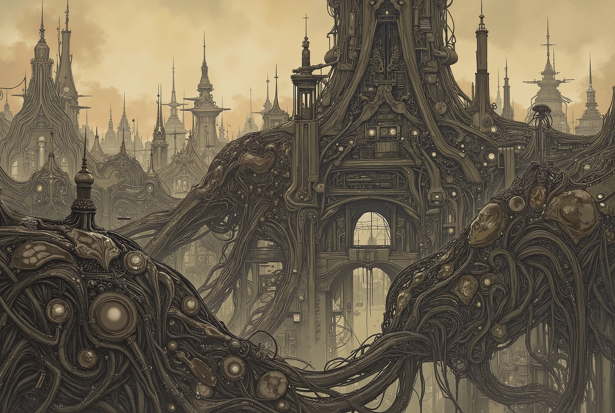 Cinematic anime illustration, hyper-detailed urban sprawl with realistic machinery, muted grayscale palette with subtle earthy tones, fluid organic-mechanic hybrid creatures, surreal and dreamlike distortions, intricate architectural backgrounds, soft shading with a lived-in texture, dynamic yet natural motion, melancholic and introspective mood, storyboard-like composition with dramatic perspectives, understated elegance, inspired by moody sci-fi animation