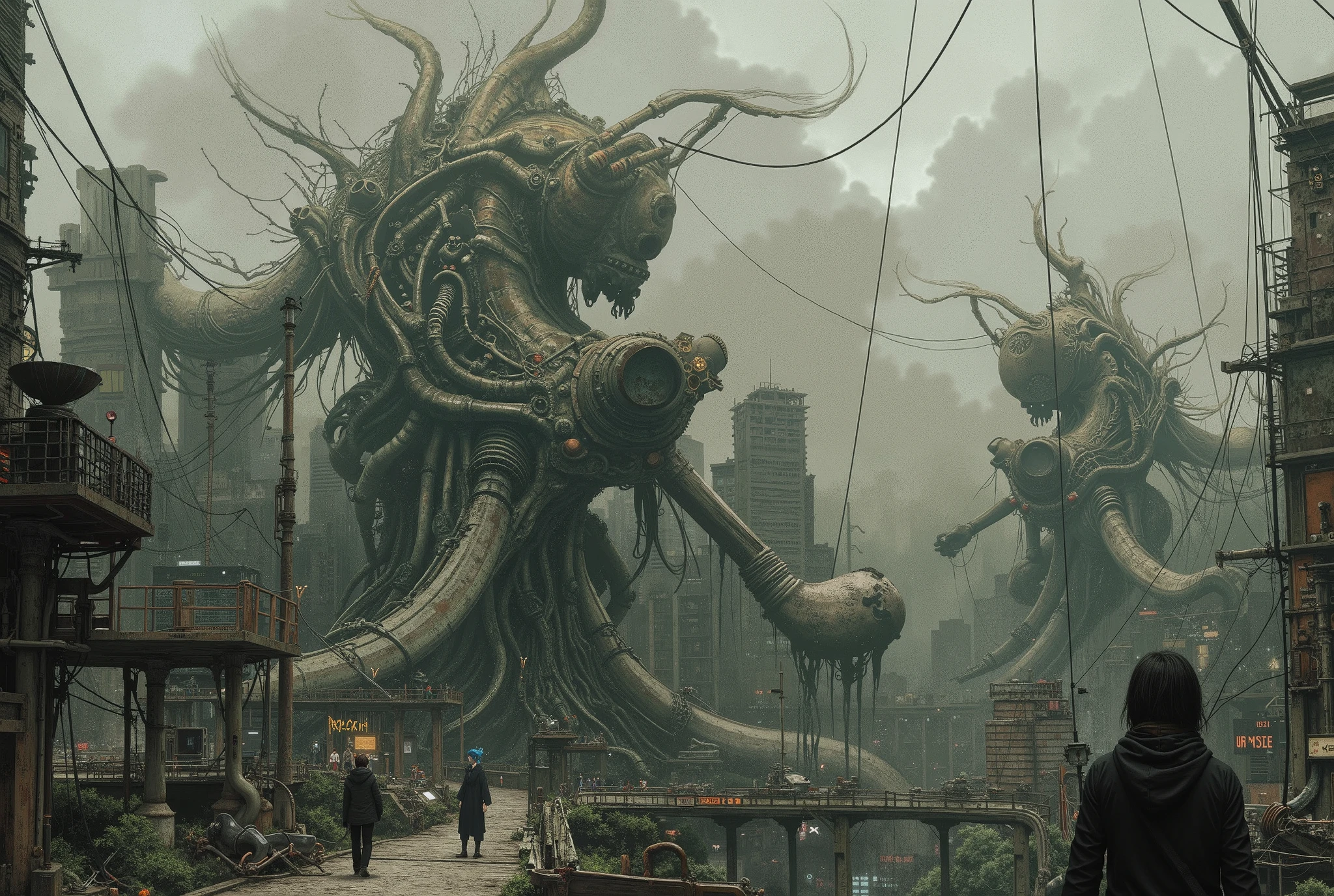 Cinematic anime illustration, hyper-detailed urban sprawl with realistic machinery, muted grayscale palette with subtle earthy tones, fluid organic-mechanic hybrid creatures, surreal and dreamlike distortions, intricate architectural backgrounds, soft shading with a lived-in texture, dynamic yet natural motion, melancholic and introspective mood, storyboard-like composition with dramatic perspectives, understated elegance, inspired by moody sci-fi animation