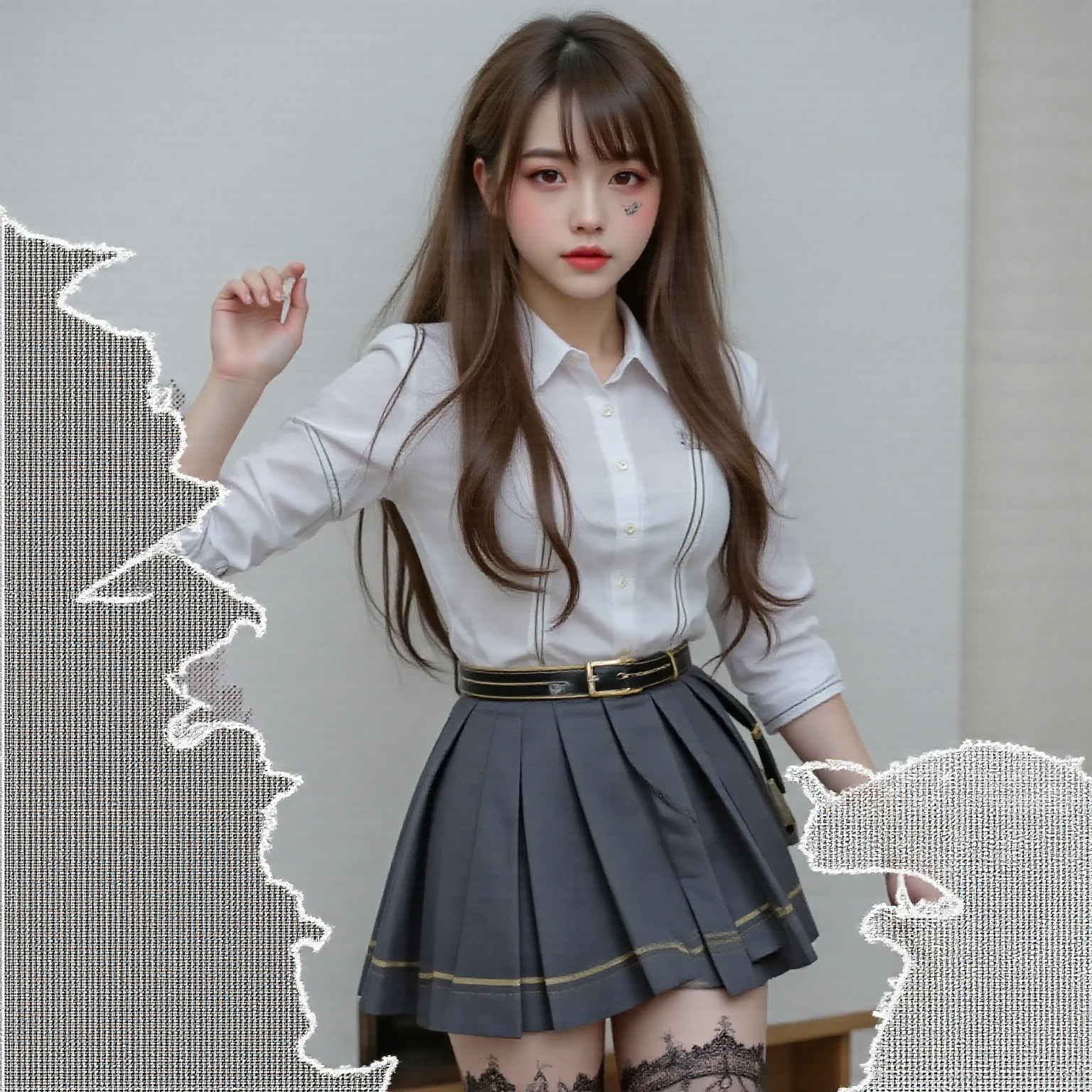highest quality,masterpiece,Ultra-high resolution, Very detailed, 8k,(Beautiful woman),一人のBeautiful woman,((Crucifixion)),(cross),(execution),((incontinence)),Scared,torture,slave,((crossにCrucifixionにされた女性:1.5)),Crucifixion刑,(19 year old pretty woman),Large Breasts、(White shirt、black micro mini skirt),