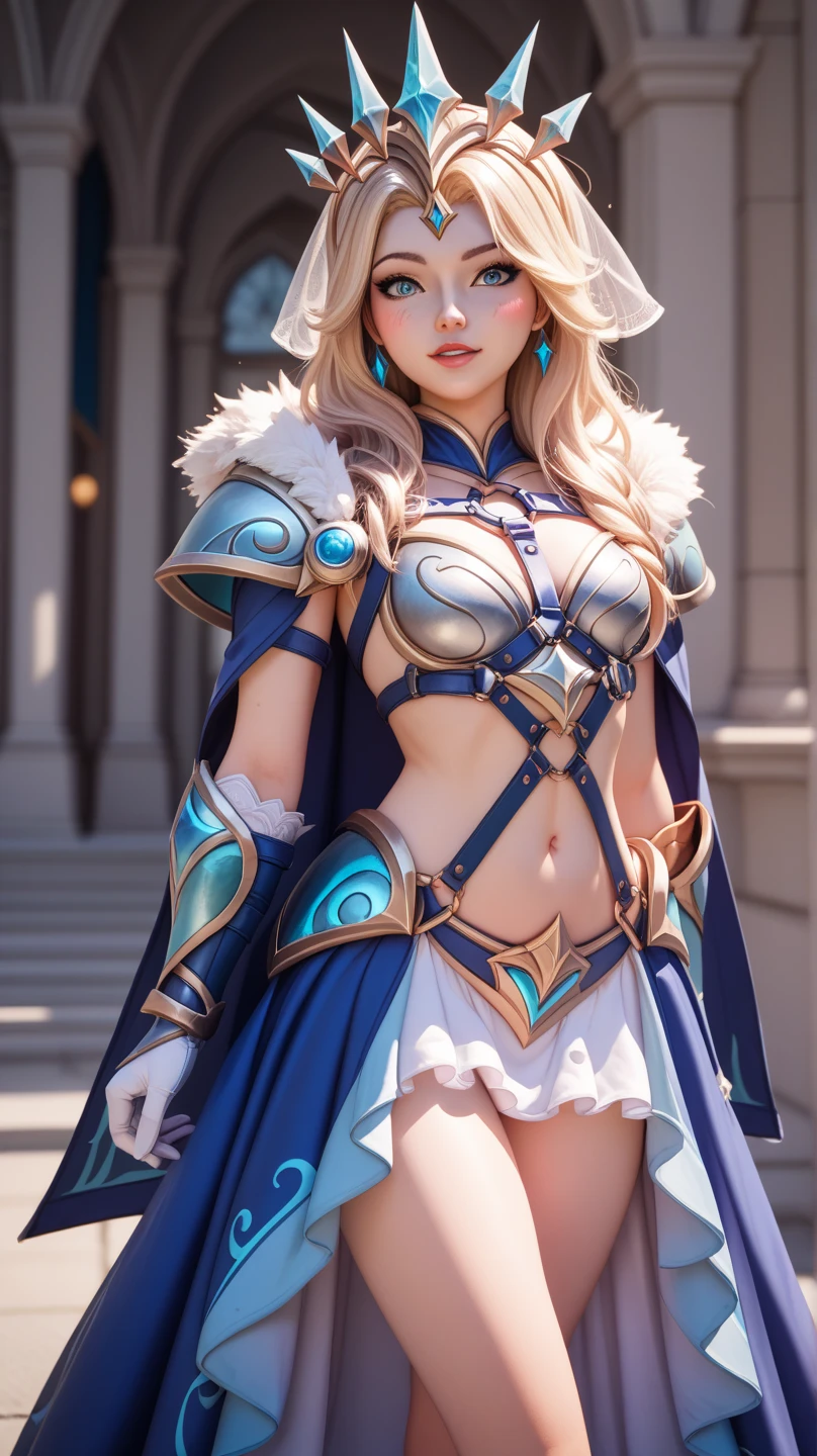 arafed woman in a short skirt and a blue top standing in front of a castle, lux from league of legends, granblue fantasy, artoria pendragon, 2. 5 d cgi anime fantasy artwork, jaina proudmoore, natalie from epic battle fantasy, knights of zodiac girl, fantasy photoshoot, a sexy blonde warrior, anime girl cosplay, fantasy character photo *put a smile in her face*