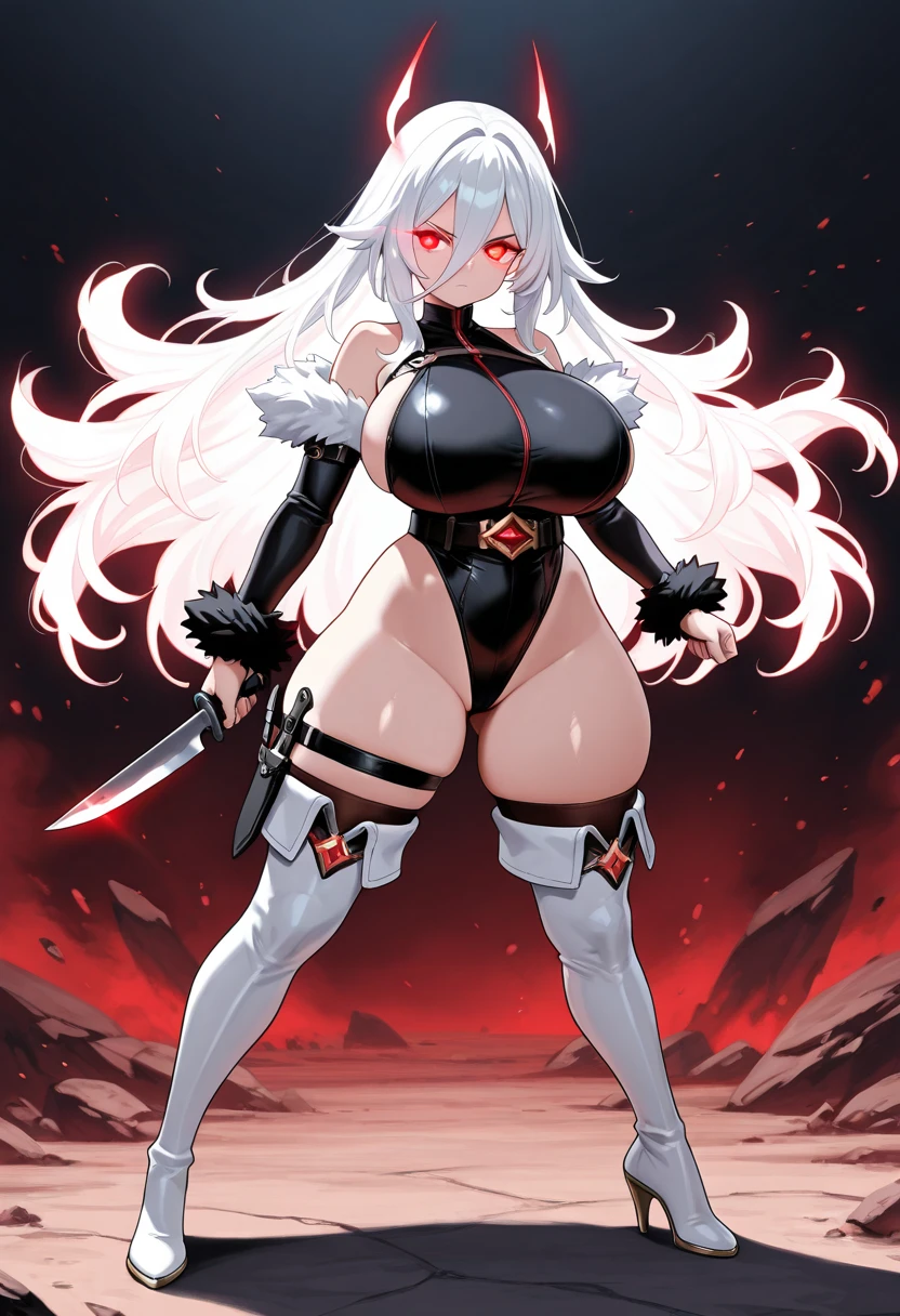 Arachne woman, huge breasts, defined, white hair with black streaks, black latex outfit, holding a bladed whip, hitting several monsters, lots of gore, stipitis club background