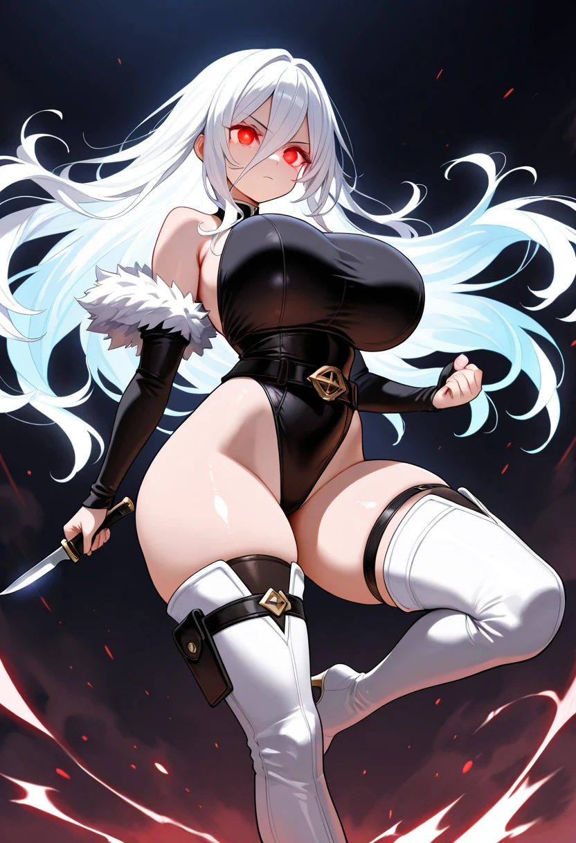 An adult woman half fox and wolf, wide breasts, red eyes, white hair, very angry, in a black bikini, on her back, looking back, holding a sword