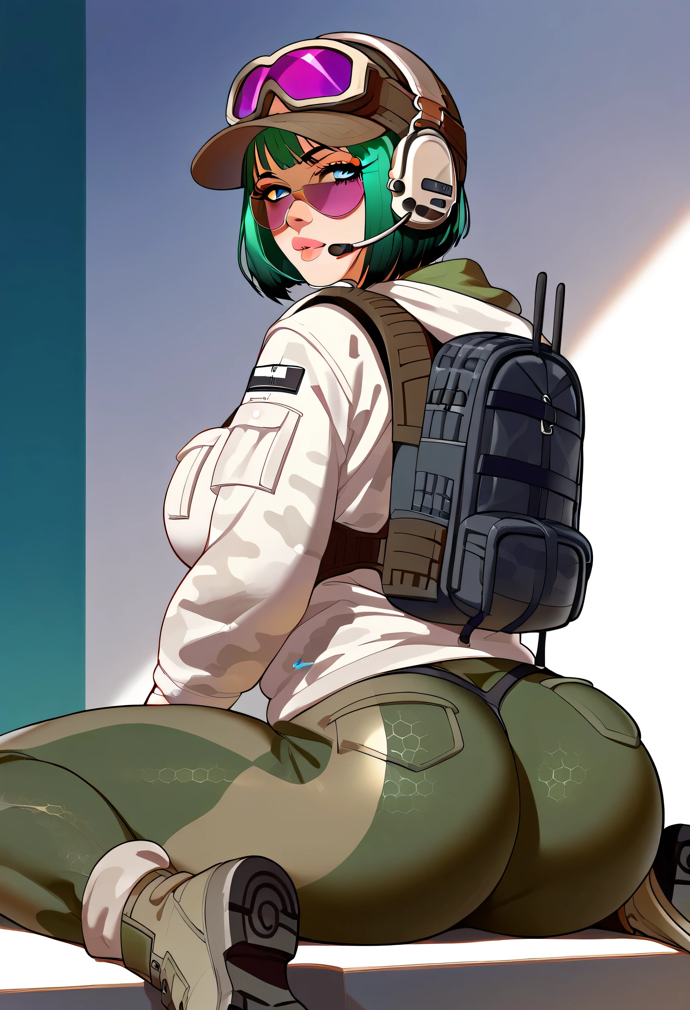 result_9, result_8_higher, one girl shirt, feminine, Alone, result_9, result_8_higher, result_7_higher, result_6_higher, result_5_higher, result_4_higher, break , one girl shirt, Alone, Big Breasts, breasts, _(Rainbow_six_siege), masterpiece, is the best quality, one girl shirt, Alone, disguising, butt, blue eyes, glasses, Green hair, has , suitcase ظهر, short hair, looks back, Headphone, suitcase, looking at the viewer, sungl buttes, glasses on head, disguising pants, Military, Sitting, lip, shoes, glasses ملونة, hip opening, glasses على الرأس, uniform , The mosque