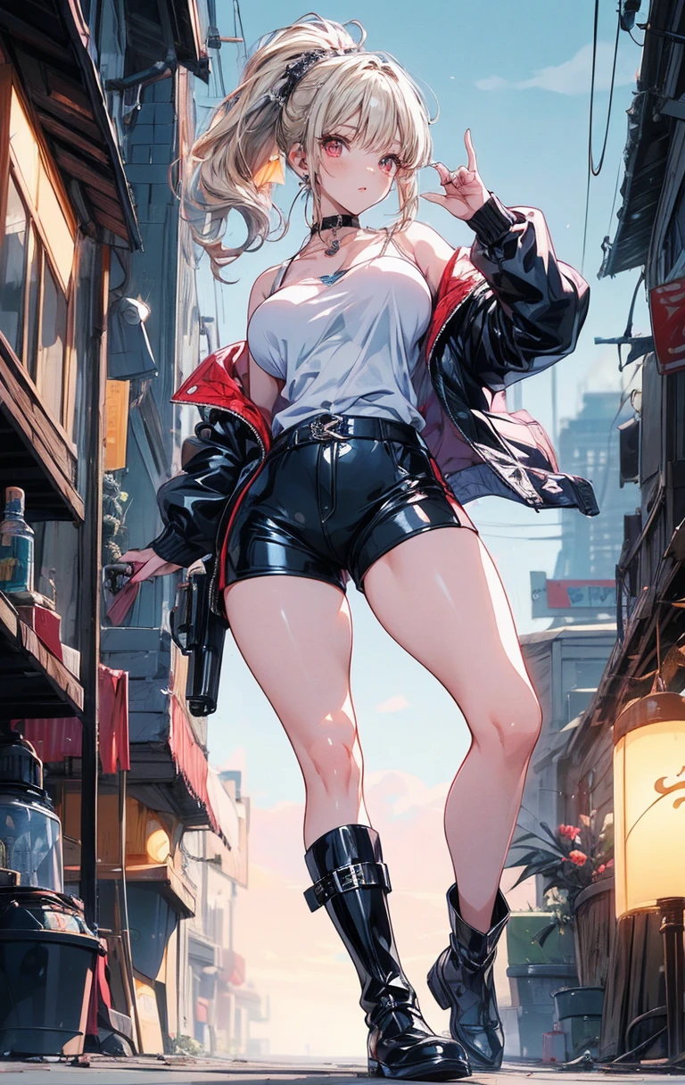 (Super detailed, realistic), streets scene, [Moderately:Oil], [Professional:1.1], [Physically based rendering], [bright colors], [sharp focus], [studio lighting], [extreme details], [highest quality,4k,8K,High resolution,masterpiece:1.2],(detailed face),outside the streets,((One 18-year-old woman)),(short blonde hair mixed blue),(dark), [nervous eyes],(casual ladies fashion,off shoulder,denim shorts,fishnet pantyhose,socks,snikers),((she walks on crutches)),((she’s very inner thigh walking))
