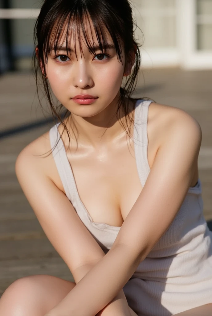 One girl,Sexy pose,Highest quality,masterpiece,figure,Very delicate and beautiful,CG,Unity,8k wallpaper,wonderful,In detail,masterpiece,Official Art,Very detailed CG Unity 8k wallpaper,Incredibly absurd,Large file size,Super detailed,High resolution,Very detailed,Beautiful detailed girl,Realistic,from the front,Outdoor,Small breasts,Swimwear,Sweating,Dripping Sweat,Shyness,Confusion,expression,Light contrast,Beautiful thighs,Swimwearが濡れている,patience,The face we are looking for,