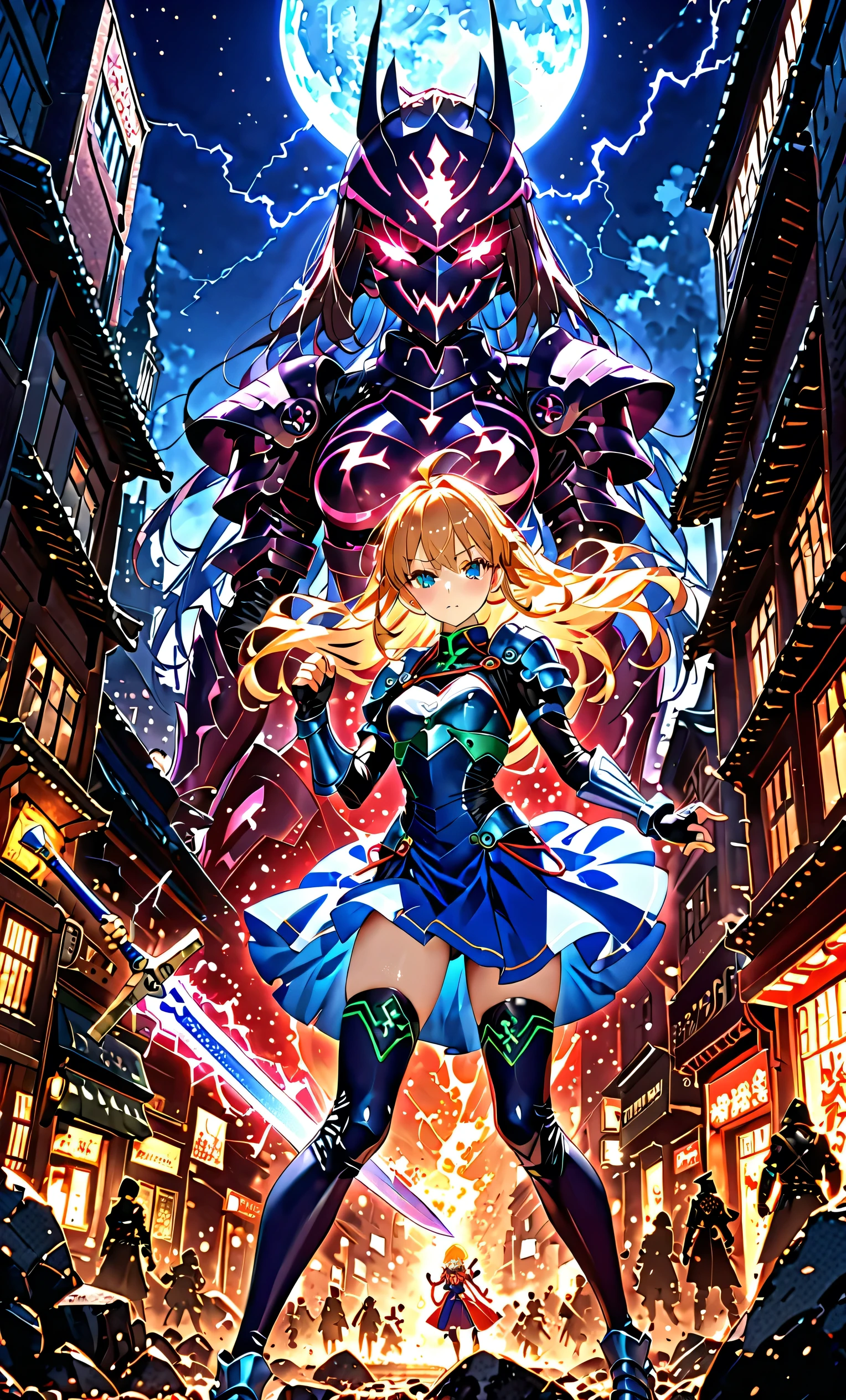 (8K, best quality, muste piece:1.2)、ultra high resolution,1 very cute girl,hosimiya ichigo,ultra-detailed face, detailed eyes,masterpiece, best quality,1girl, , Full body shot, weapon, chain, very long hair, looking at viewer,(kbxll:0.5), Japanese Shrines, fantasy, bodysuit,city, energy ball, razer, lightning bolt, skirt, zettai ryouiki, Petrifying Demon Eye, dust-effect,Grain effect,Neon-light-effect, moon,tentacles,
artoria pendragon \(fate\), armor, dress, suit, excalibur \(fate/stay night\),
fighting stance, dinamic angle, sparks,shirt lift,battle,A grand city in the year 2100, wide shot, hyper realistic, Nausicaa Ghibl,