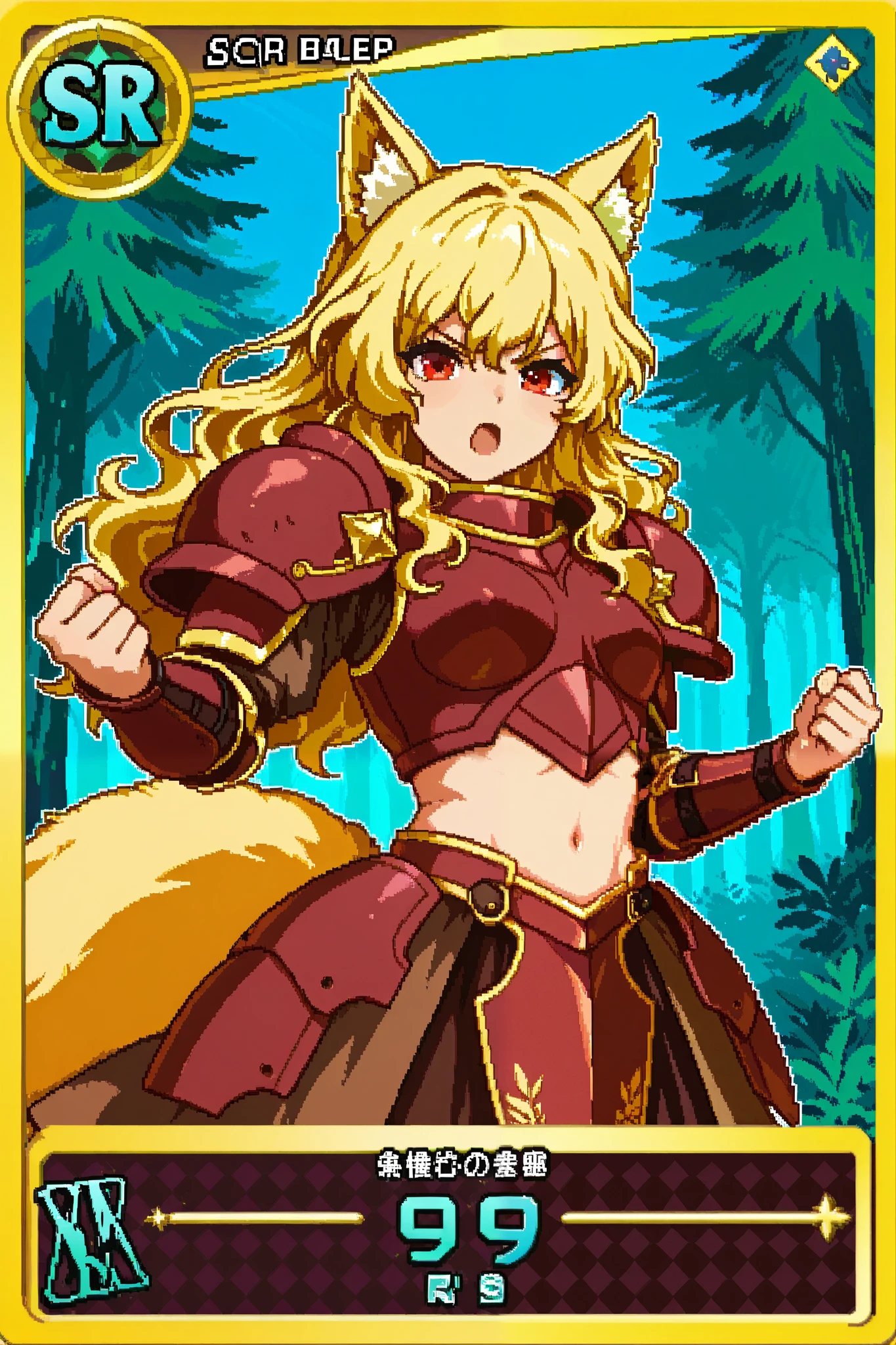 score_9, score_8_up, score_7_up, source_anime, 1girl, solo, pixel art, tr4dingcard, card (medium),playingcard, trading card, card_(medium) BREAK 

Kemonomimi, fox ears, blonde hair, long hair, wavy hair, red eyes BREAK small breasts, fox tail, yellow tail BREAK 

Knight armor, (bronze armor, maroon armor, brown armor), shoulder pauldrons, navel, brown skirt BREAK 

Looking at viewer, serious face, open mouth, battle stance, standing, portrait, outdoors, pinewood forest, blue sky