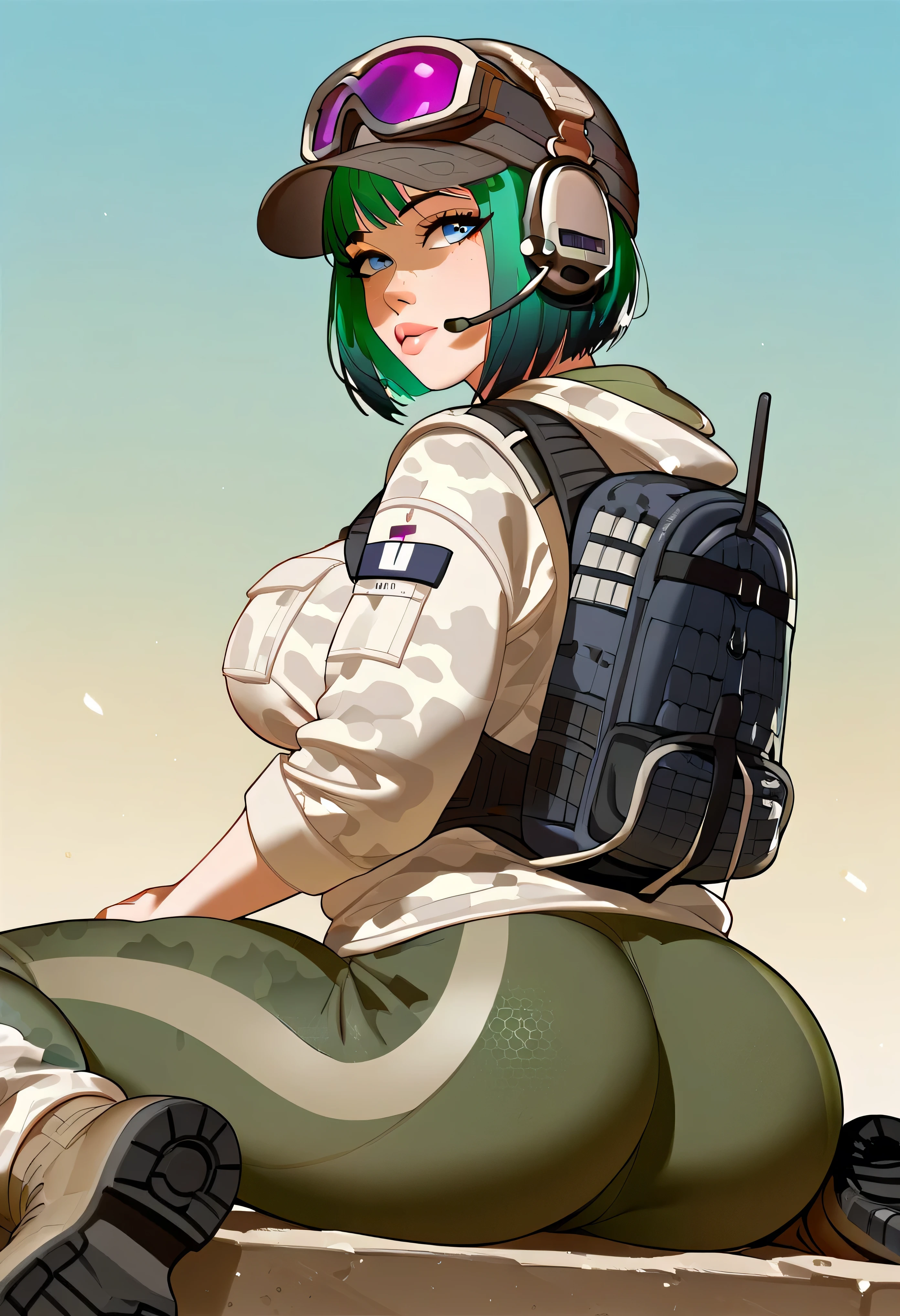  result_9,  result_8_higher, one girl shirt, feminine, Alone,  result_9,  result_8_higher,  result_7_higher,  result_6_higher,  result_5_higher,  result_4_higher,  break , one girl shirt, Alone, Big Breasts, breasts, _(Rainbow_six_siege), masterpiece, is the best quality, one girl shirt, Alone, disguising,  butt, blue eyes, glasses, Green hair,  has , suitcase ظهر, short hair, looks back, Headphone, suitcase, looking at the viewer, sungl buttes, glasses on head, disguising pants, Military, Sitting, lip, shoes, glasses ملونة, hip opening, glasses على الرأس,  uniform , The mosque
