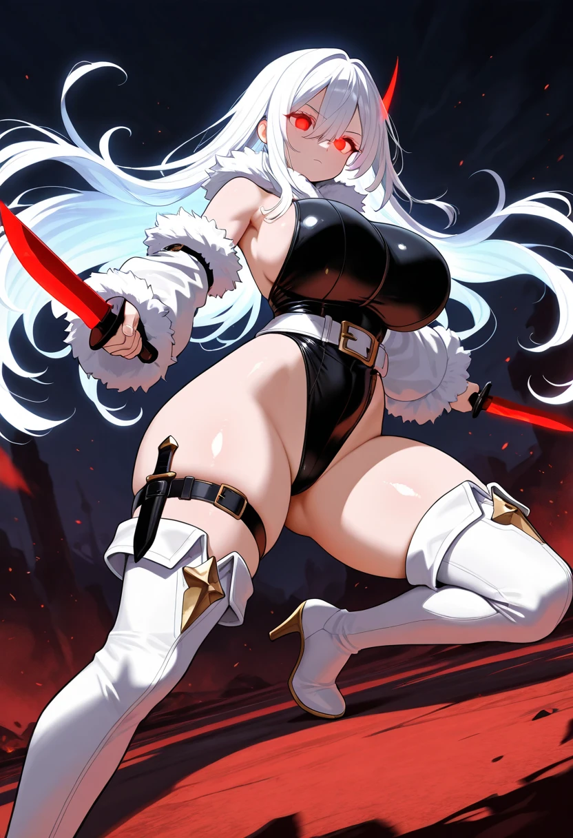 score_9, score_8_up, score_7_up, BotanBase, lion tail, white  two side up hair, sleeveless shirt, midriff, see-trough black shirt, skirt, nude, fur-trimmed jacket, black jacket, off shoulder, abs, huge breasts, overflowing breasts, skindentation, hand on hip, smile, looking at viewer, futanari, cock out, huge penis, knot penis, barbed penis, erection, bedroom, glass wall, skyscrapper, blue sky