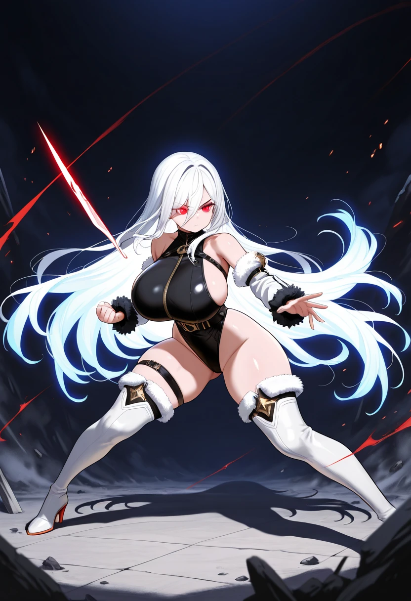 An adult woman half fox and wolf, wide breasts, red eyes, white hair, super angry, holding a sword