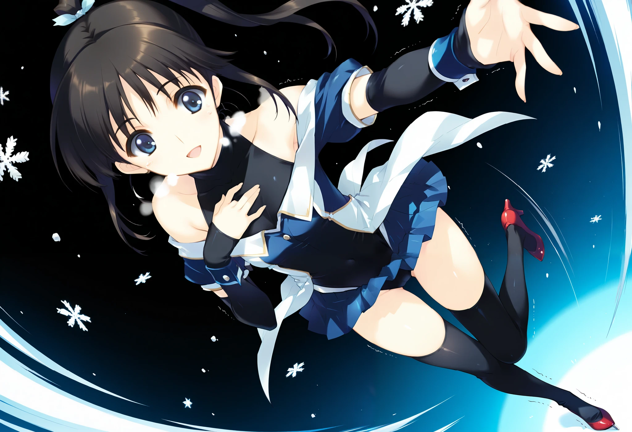  masterpiece,best quality,good quality, anime coloring, ((sugiura_koharu)),sugiura_koharu\(white_album_2\),1girl,solo,black hair,ponytail,hair ribbon,blue eyes,open mouth,1girl,((stage costume)),((blue and white jacket)),((off-shoulder)),((black high neck leotard)),((short_sleeves)),(((bare shoulders))),((detached sleeves,black sleeves,blue cuffs,sleeves past wrists, blue skirt,pleated_skirt, black_thighhighs)),((red High heels:1.2)),(((Motion Effect))), (Like a subtle blur),((solo)),NSFW, ,heavy breathing,(((Trembling))),((Watery eye)),(((pain)), Dynamic pose,Dynamic Angle,.(((electric)),sound effects,NSFW,(((upset))),cry,((water eyes)),(((electricity:1.45))),masterpiece, best quality, absurdres, safe, floating hair, spread arms, [hand on own chest::0.5], smile, closed mouth, black dress, [:very long hair:0.2], outstretched arm, leg up, standing on one leg, reaching out, dark background, perspective, dutch angle artist:yoneyama mai,,slightly visible inside of the skirt,(accidental exposure panties),((Blown backwards:1.4))、ice skates, snow flake,
