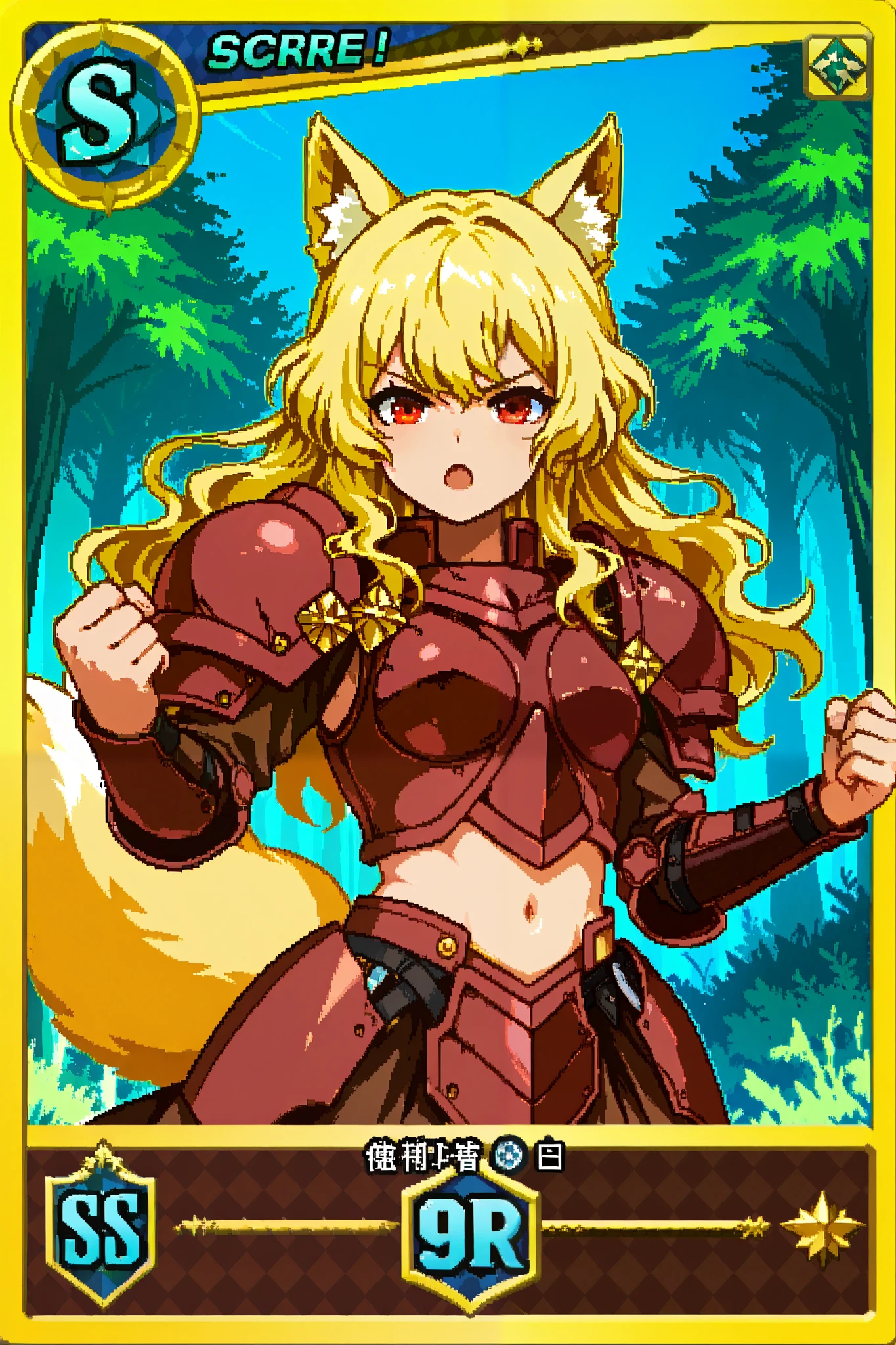 score_9, score_8_up, score_7_up, source_anime, 1girl, solo, pixel art, tr4dingcard, card (medium),playingcard, trading card, card_(medium) BREAK
Kemonomimi, fox ears, blonde hair, long hair, wavy hair, red eyes BREAK small breasts, fox tail, yellow tail BREAK
Knight armor, (bronze armor, maroon armor, brown armor), shoulder pauldrons, navel, brown skirt BREAK
Looking at viewer, serious face, open mouth, battle stance, standing, portrait, outdoors, pinewood forest, blue sky