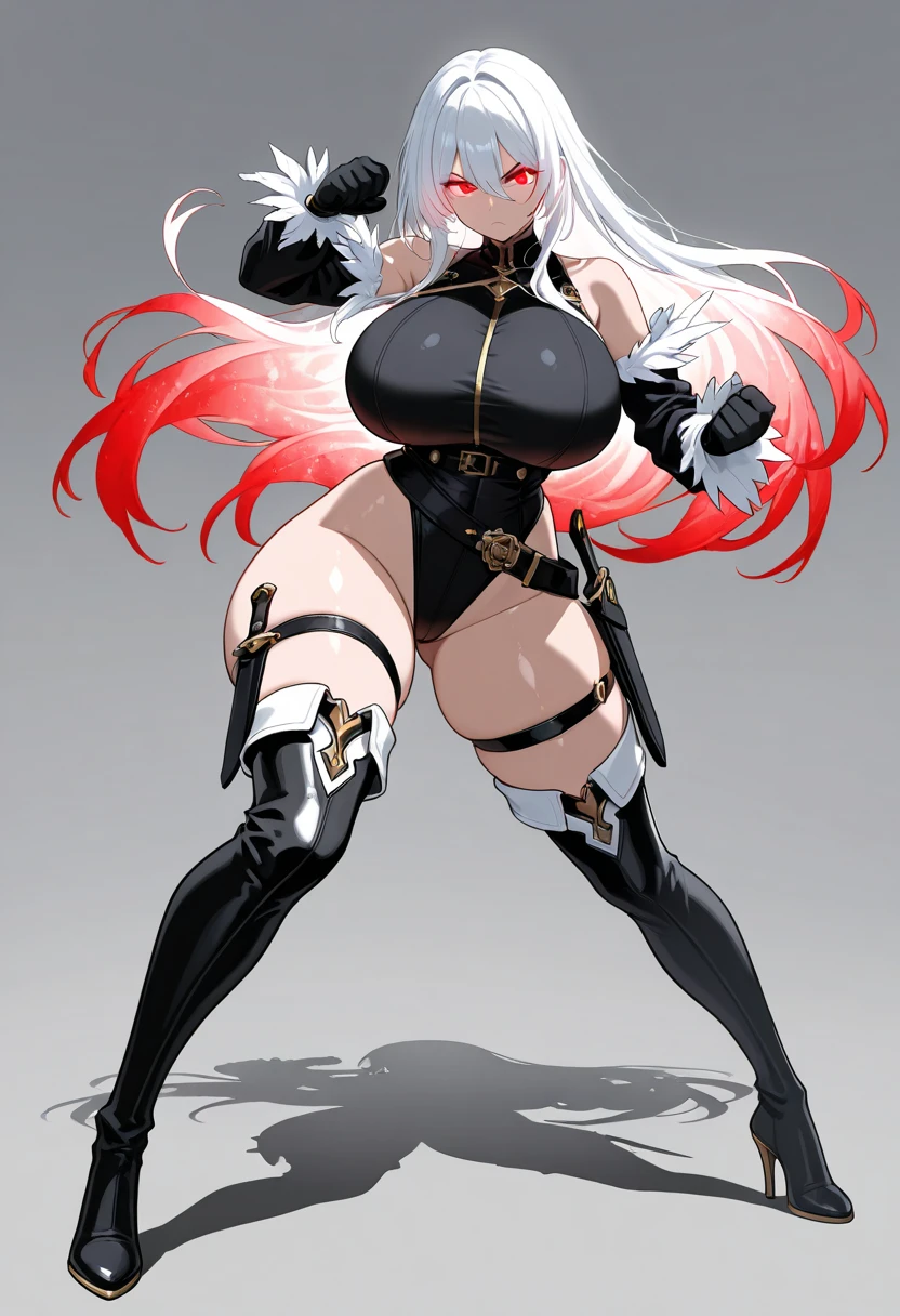 (Best quality,Unbeatable masterpiece:1.4),Ultra-detailed CG 4K,Black metal mech,Single high ponytail,Metal heels,Huge cleavage,Nipple presentation,Long white hair,obsessed,hair covering one eye,smooth thigh,standing with legs apart,in the stars,face to the viewer,Nipple presentation,navel,Stand on a horse