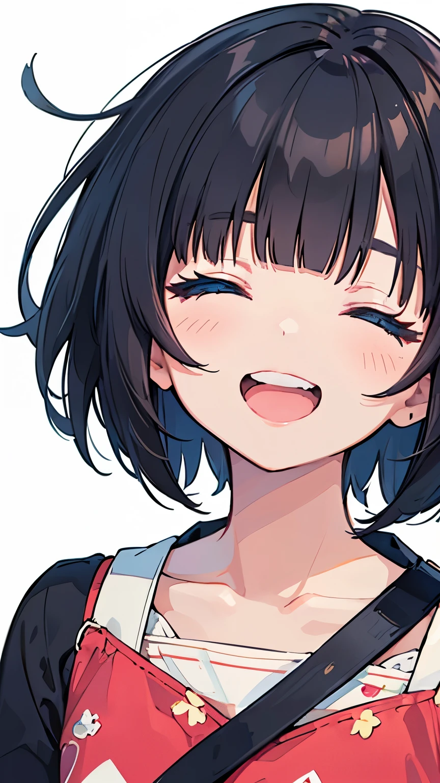 Anime girl with black hair and a red dress smiling - SeaArt AI