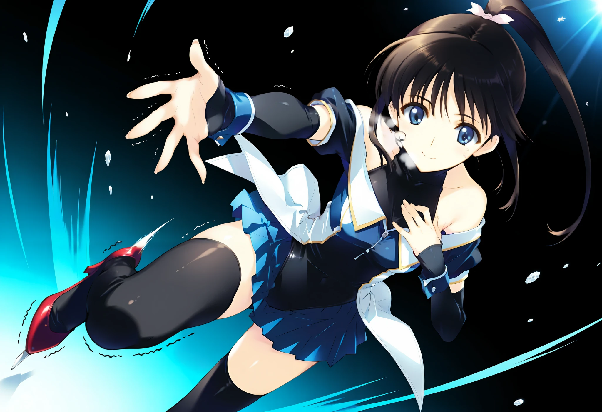  masterpiece,best quality,good quality, anime coloring, ((sugiura_koharu)),sugiura_koharu\(white_album_2\),1girl,solo,black hair,ponytail,hair ribbon,blue eyes,open mouth,1girl,((stage costume)),((blue and white jacket)),((off-shoulder)),((black high neck leotard)),((short_sleeves)),(((bare shoulders))),((detached sleeves,black sleeves,blue cuffs,sleeves past wrists, blue skirt,pleated_skirt, black_thighhighs)),((red High heels:1.2)),(((Motion Effect))), (Like a subtle blur),((solo)),NSFW, ,heavy breathing,(((Trembling))),((Watery eye)),(((pain)), Dynamic pose,Dynamic Angle,.(((electric)),sound effects,NSFW,(((upset))),cry,((water eyes)),(((electricity:1.45))),masterpiece, best quality, absurdres, safe, floating hair, spread arms, [hand on own chest::0.5], smile, closed mouth, black dress, [:very long hair:0.2], outstretched arm, leg up, standing on one leg, reaching out, dark background, perspective, dutch angle artist:yoneyama mai,,slightly visible inside of the skirt,(accidental exposure panties),((Blown backwards:1.4))、ice skates, snow flake,