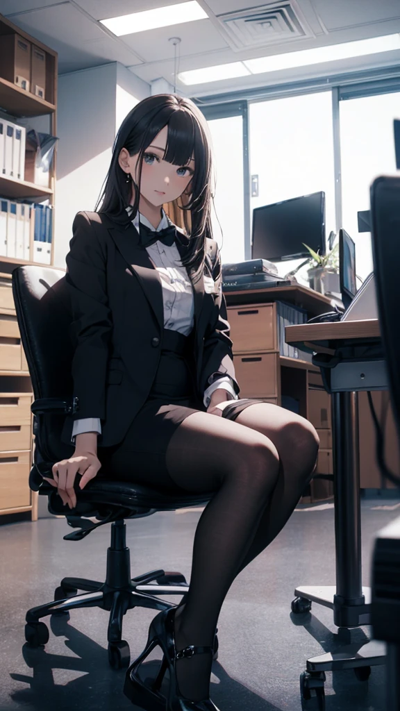 Beauty、Style Batsugun、Nice body、Black Hair、Long Hair、business suit、skirt、pantyhose、office、Sitting in a chair、The whole body is visible、machine