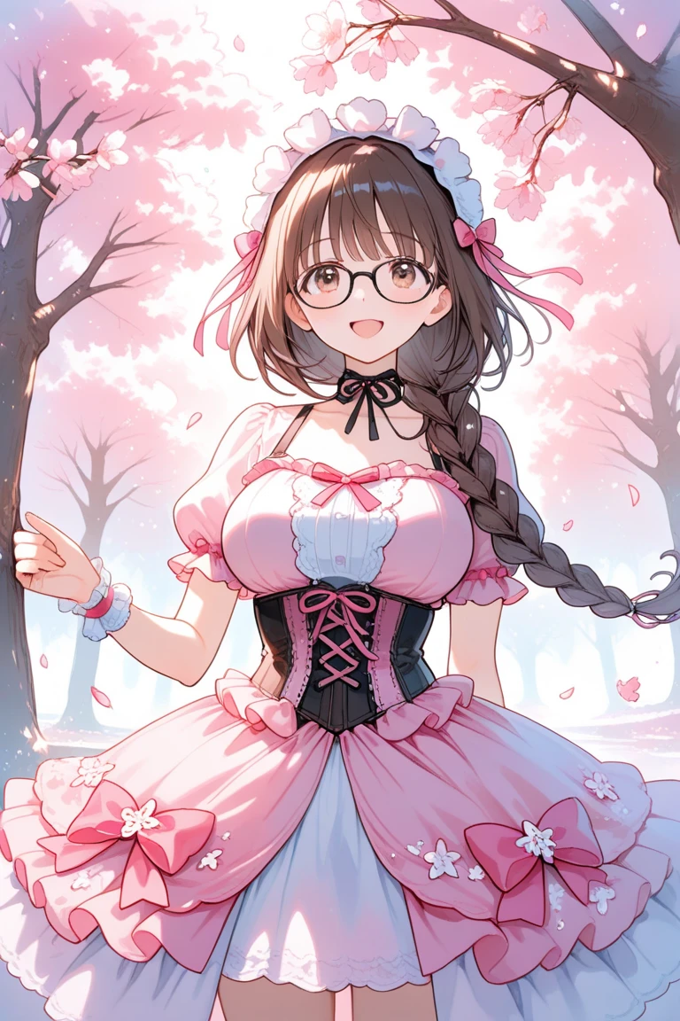 highest quality、detailed background、beautiful and detailed face、beautiful and smooth skin、skin texture、professional lighting、Beautiful teenage girl、
Maid clothes、white lace apron、garter belt、Cute red glasses, (huge breasts: 1.2)、
smile、sexual expression、show your whole body、panty shot、open your legs、raise your legs、emphasize the chest