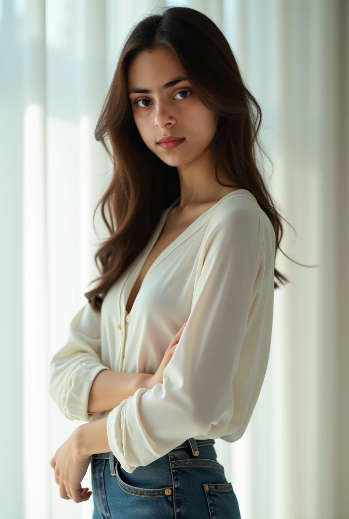Beautiful woman with black hair and blue eyes standing looking at the camera, hyper realistic