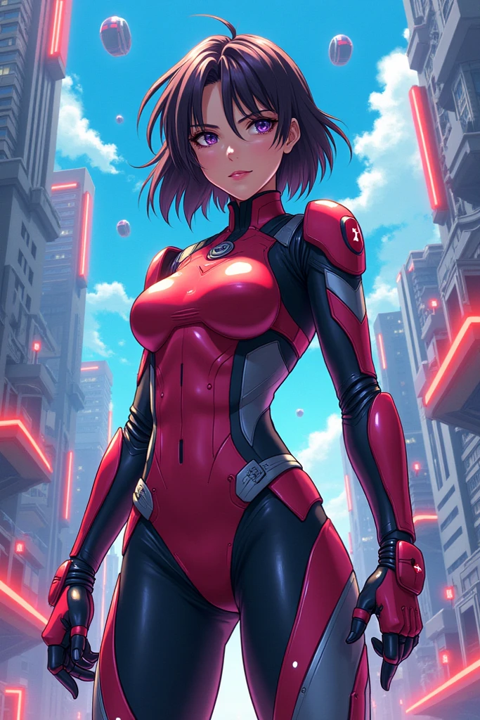 (art, Best quality, absurd, 4K, aesthetics, perfect eyes, perfect face, detailed, complex, Perfect lighting) 1 girl with fair skin, short shaved hair, wears a red and black futuristic bodysuit, queen of an alien race, warrior , gentle smile