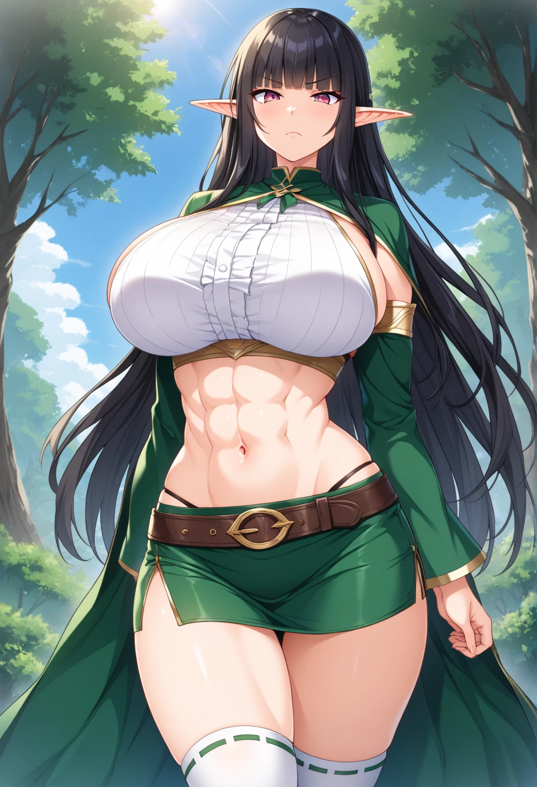 (masterpiece, official art), 1girl, black hair, red eyes, akali, ponytail, (underboob), crop top, ninja, tattoo, (wet), (upper body), (closeup), (large breasts), rain, looking at viewer, grin, seductive, blush, alluring attire, (closeup), (hands behind back), (navel), muscular female, abs
