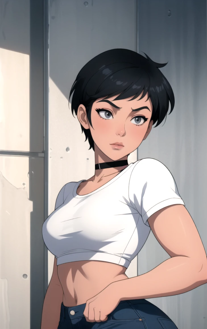 1girl, highres, sharp focus, pixiv masterpiece, ((intricate details)), highly detailed, one eye, detailed eyes, pale skin, fair skin, short hair, black hair, cat eyes, muscular,abdomen, pointy ear, vampire, costume: sportswear, calvin klein, calvin klein style panties, calvin clein style sports bra, cleavin neckline, underboob, joy ride style, ilya kuvshinov,Anime Moe Artstyle, Female anime character, Anime character,