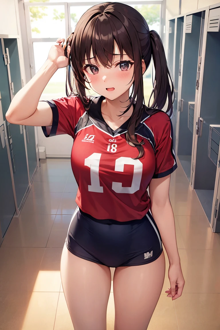 masutepiece、Best Quality、ultra-detailliert、hight resolution、8K Wallpapers、Perfect dynamic composition,、Beautiful detailed eyes、(Volleyball uniform:1.3)、Dark brown wavy hair、Shorthair、Big breasts、Soft breasts、Pinch your chest with your arms、Leaning forward to emphasize the chest、Natural Color Lip、Bold sexy poses、cute smile face、20 years girl、Sexy shot looking at camera、dress room