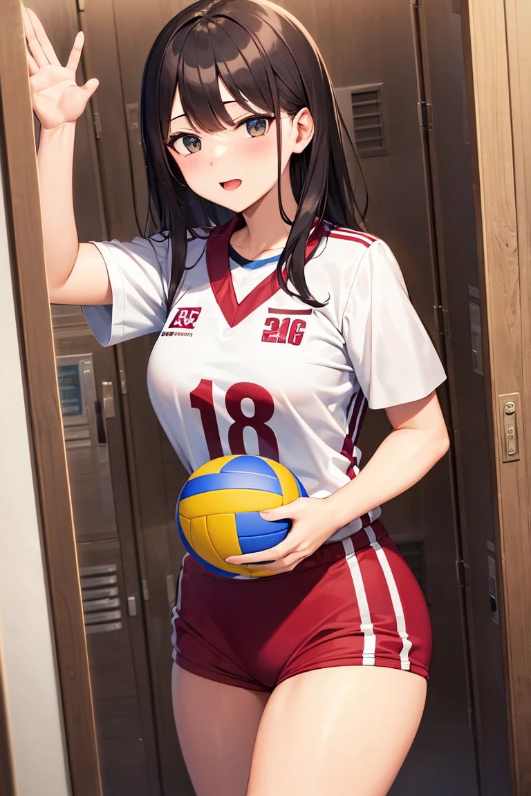 1 Ladies solo, /(Volleyball uniform/), /(dark brown hair/) By bangs, blushing smile, (Masterpiece of the best quality:1.2) Exquisite illustrations and super detailed, Big breastsBREAK /(Indoor volleyball court/),do tai chi,Sunshine Girl